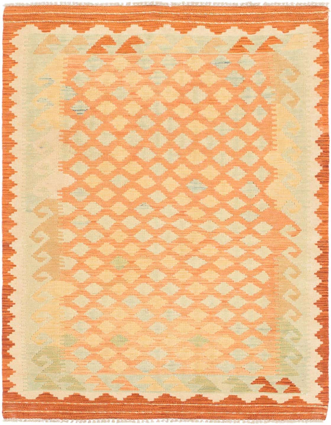 A 3x5 rectangular Kilim Waziri rug featuring a Southwestern geometric pattern in various shades of orange and cream, with a flatweave texture.