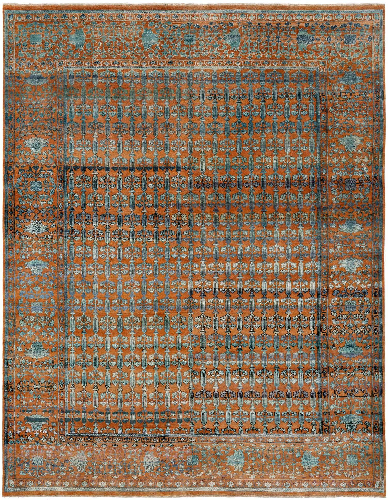 A 9x12 rectangular Persian rug in vibrant orange with intricate teal and blue floral patterns, suitable for a living room.