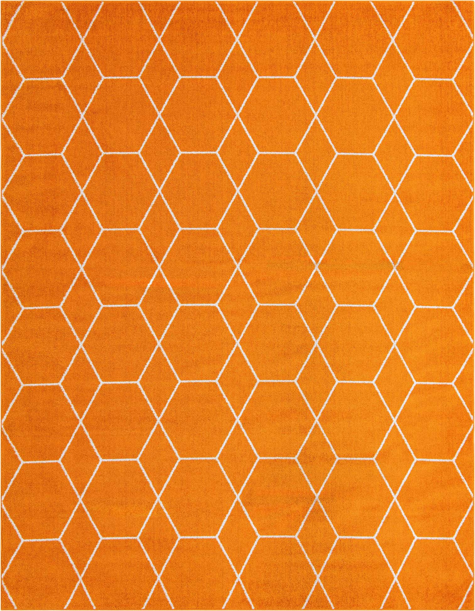A 9x12 rectangular orange area rug with a white modern trellis pattern, suitable for a living room.