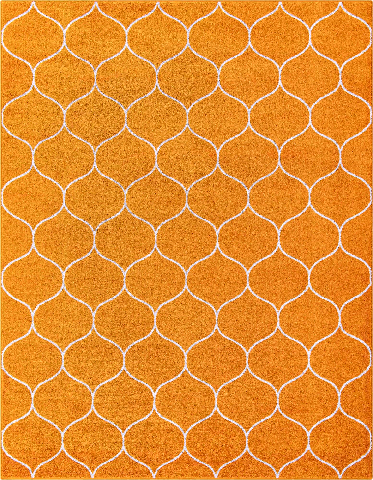 A vibrant 8x10 orange rectangular rug with a modern white trellis pattern, suitable for a living room.