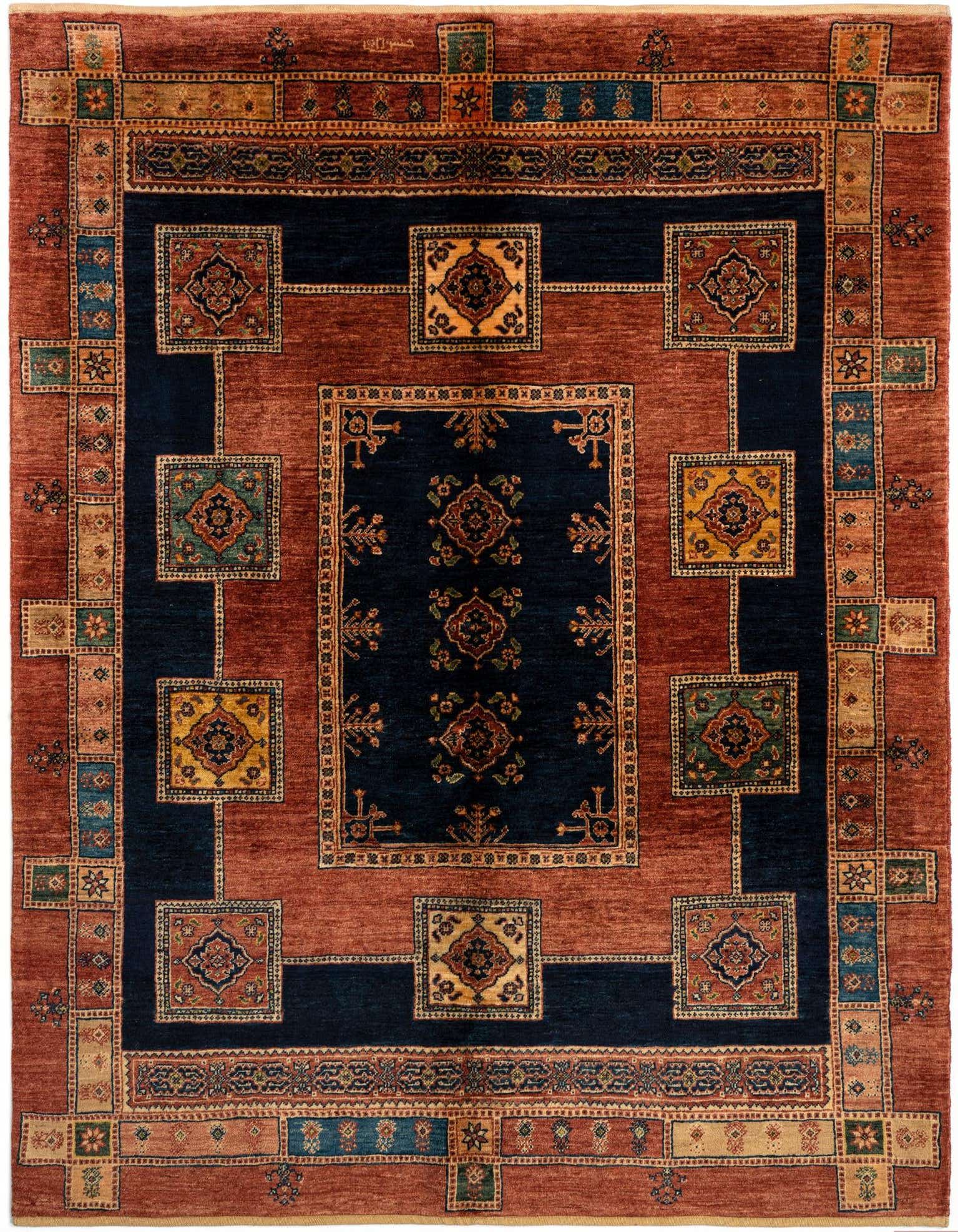 A 4x6 rectangular Persian rug featuring a deep navy center with intricate floral motifs, framed by a wide terracotta orange border with geometric square patterns in various colors.