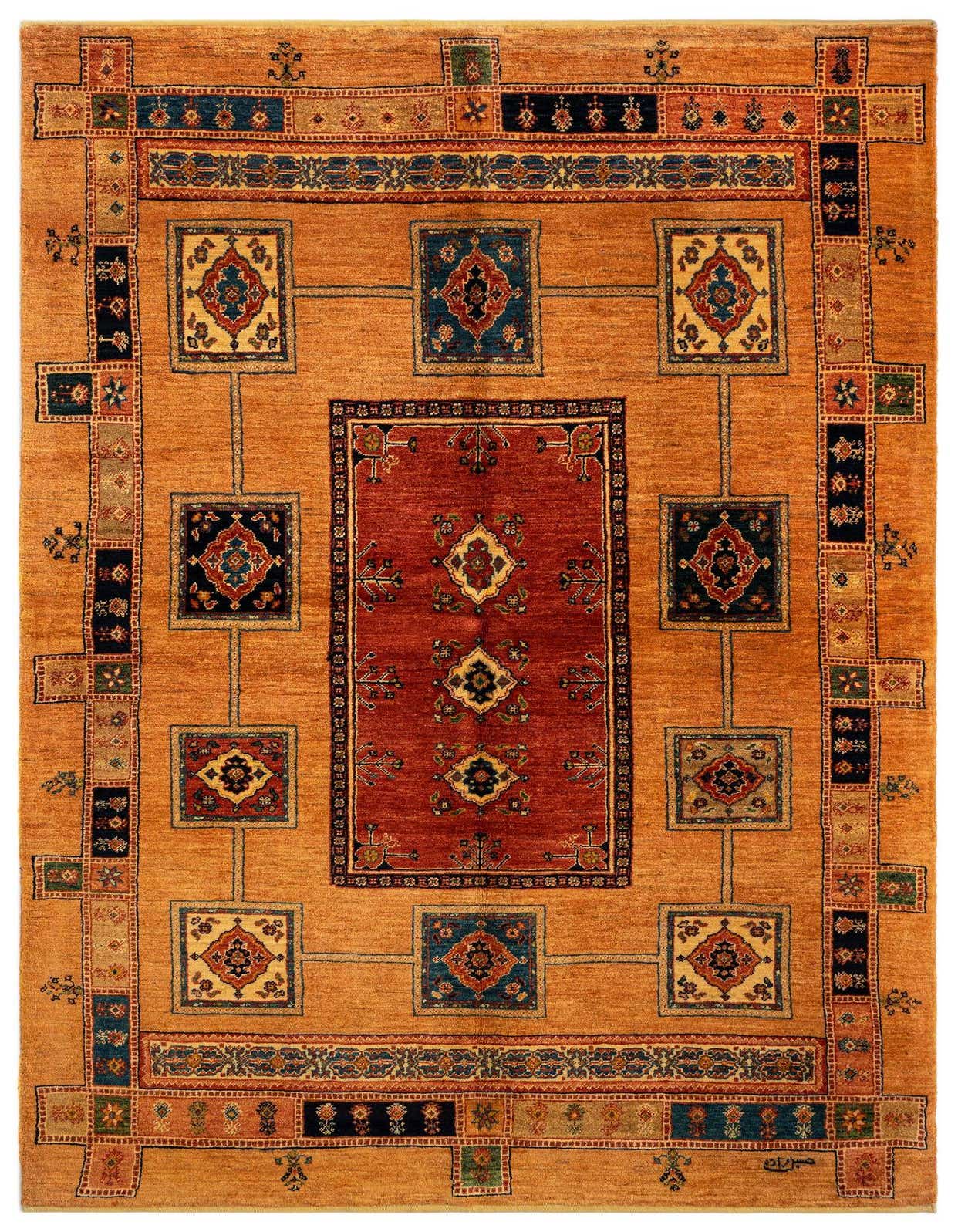 A 5x8 rectangular Luribaft Persian rug in warm orange with a central red medallion and intricate geometric patterns in blue, black, and cream.