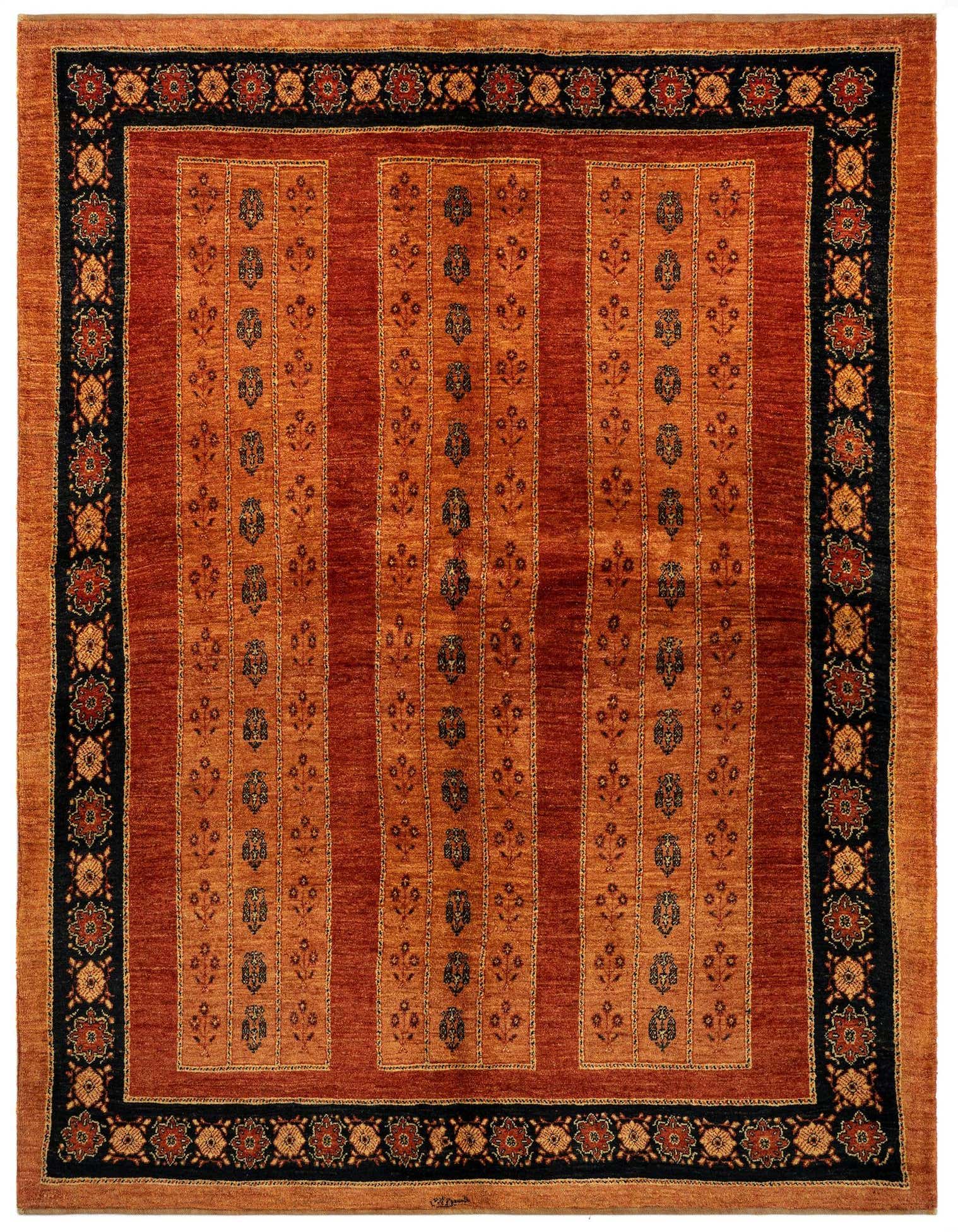 A 5x8 rectangular orange Persian rug with a medium pile. It features a dark border with floral patterns and three central panels of repeating floral motifs.