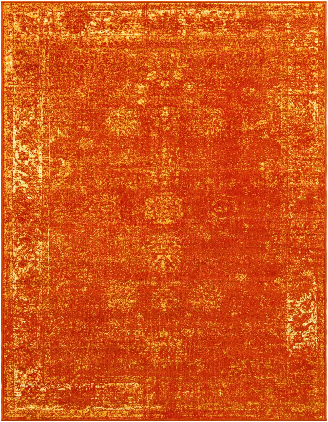 A 5x8 rectangular orange area rug with a distressed traditional medallion and border pattern, suitable for a living room.