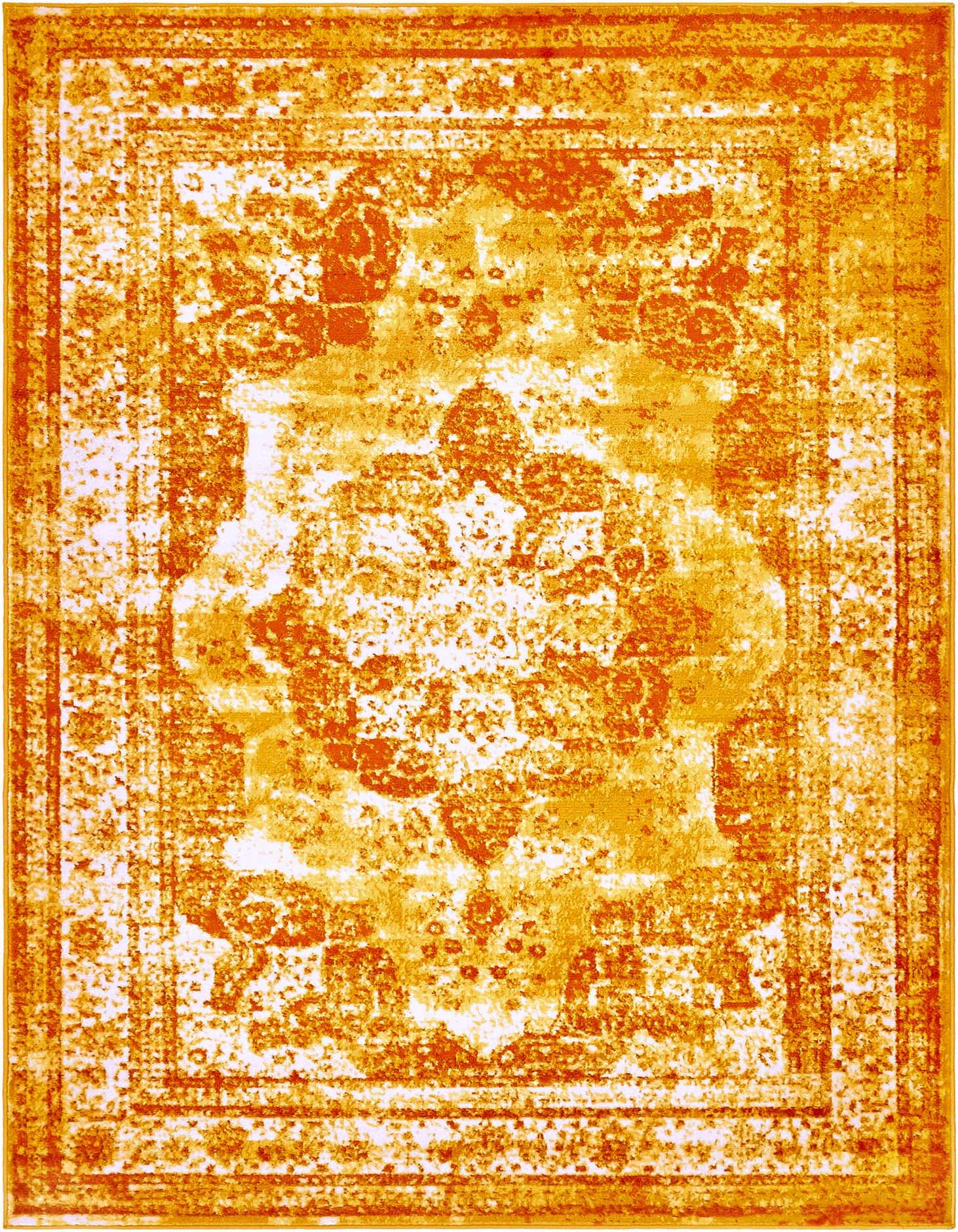 A 7x10 rectangular orange Bohemian rug with a distressed traditional medallion pattern and border.