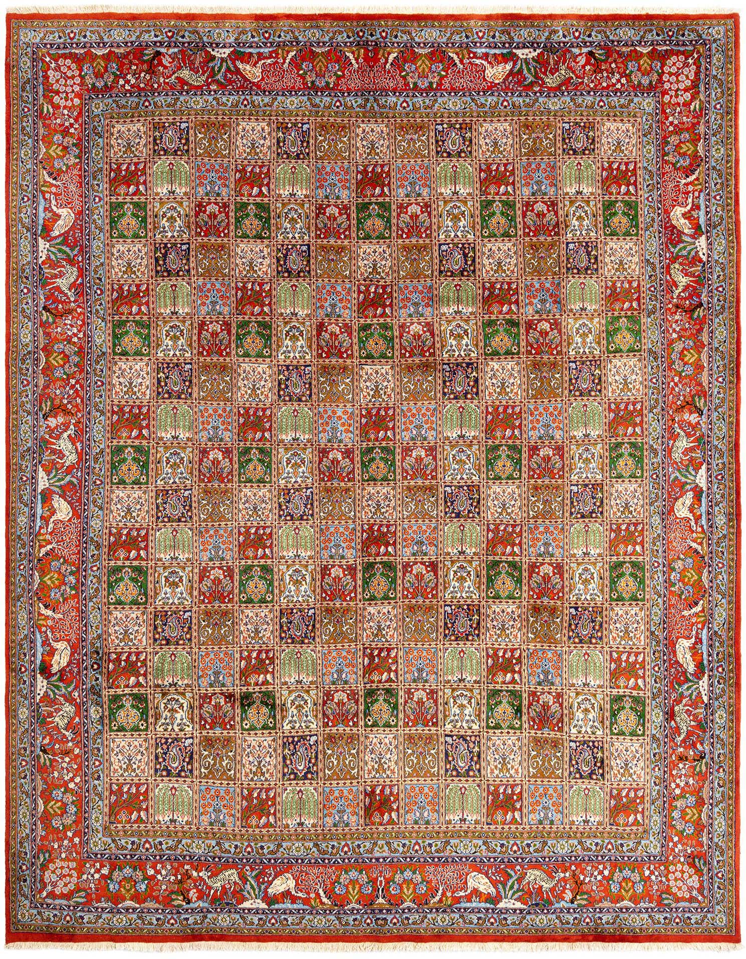 A 10x13 rectangular Persian rug with an orange border and a multicolored checkerboard pattern featuring intricate floral and tree motifs.