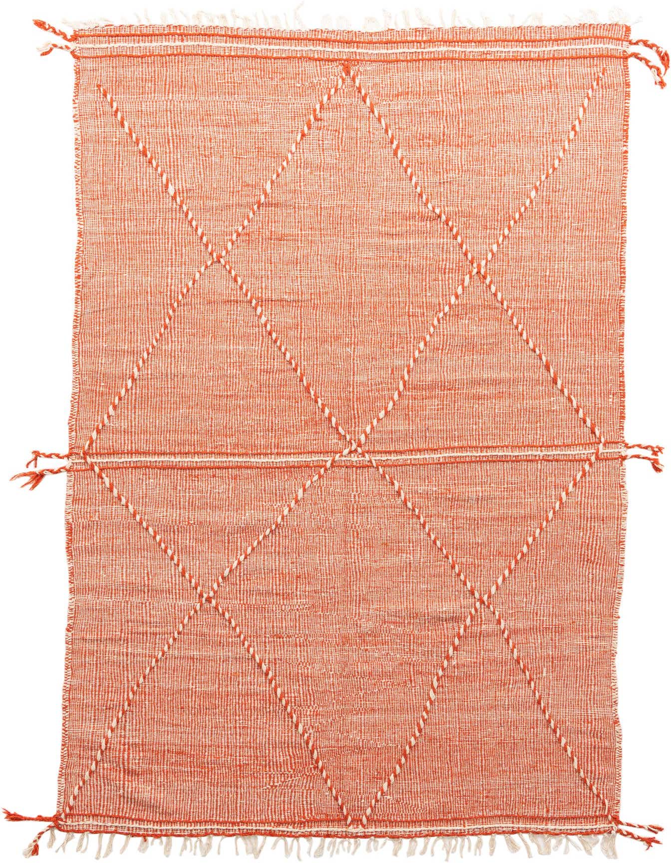 A 7x10 rectangular orange wool shag rug with a white tribal diamond pattern and fringe.