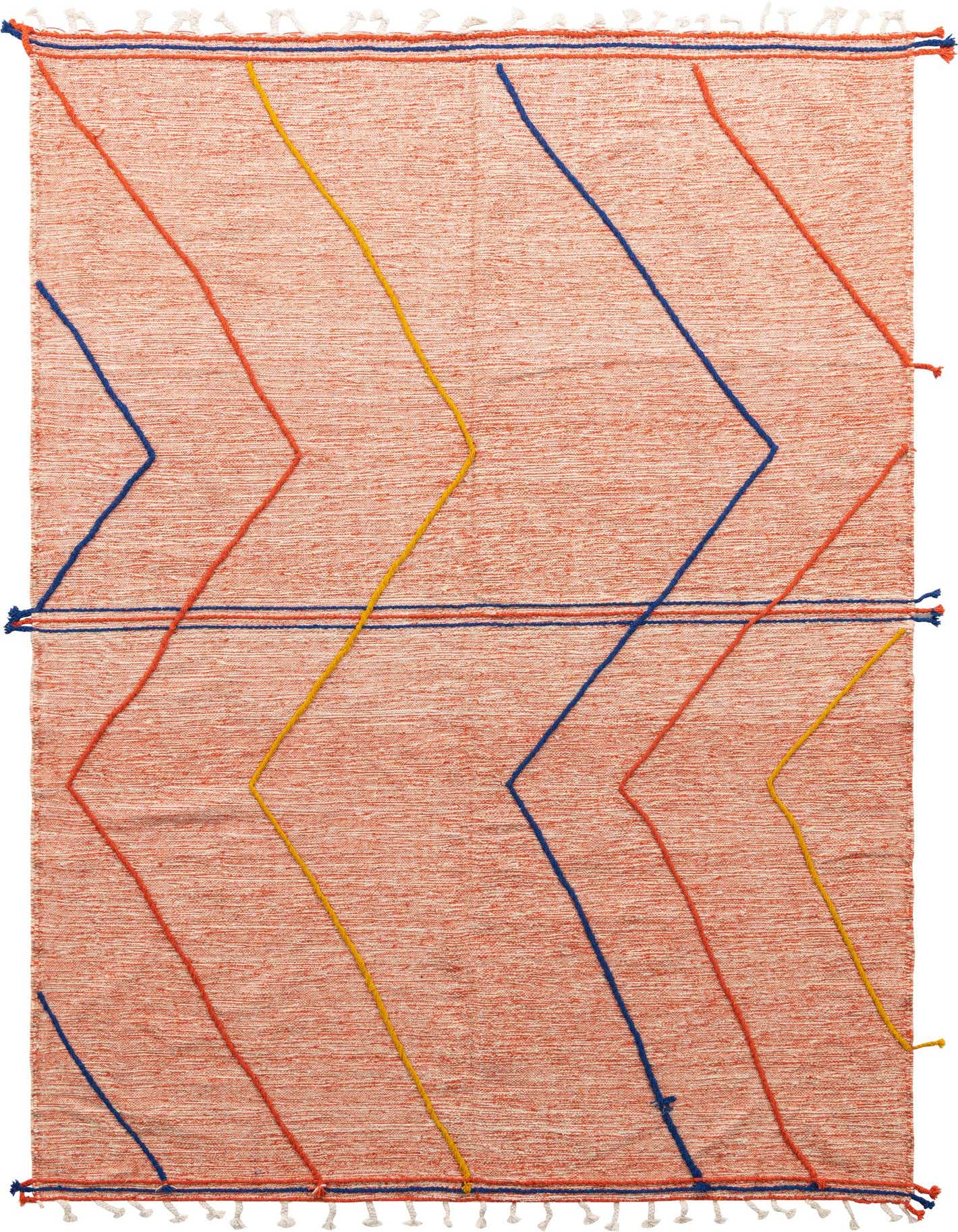 A 6x9 rectangular orange shag rug with a modern tribal pattern of blue, red, and yellow zigzags and lines.