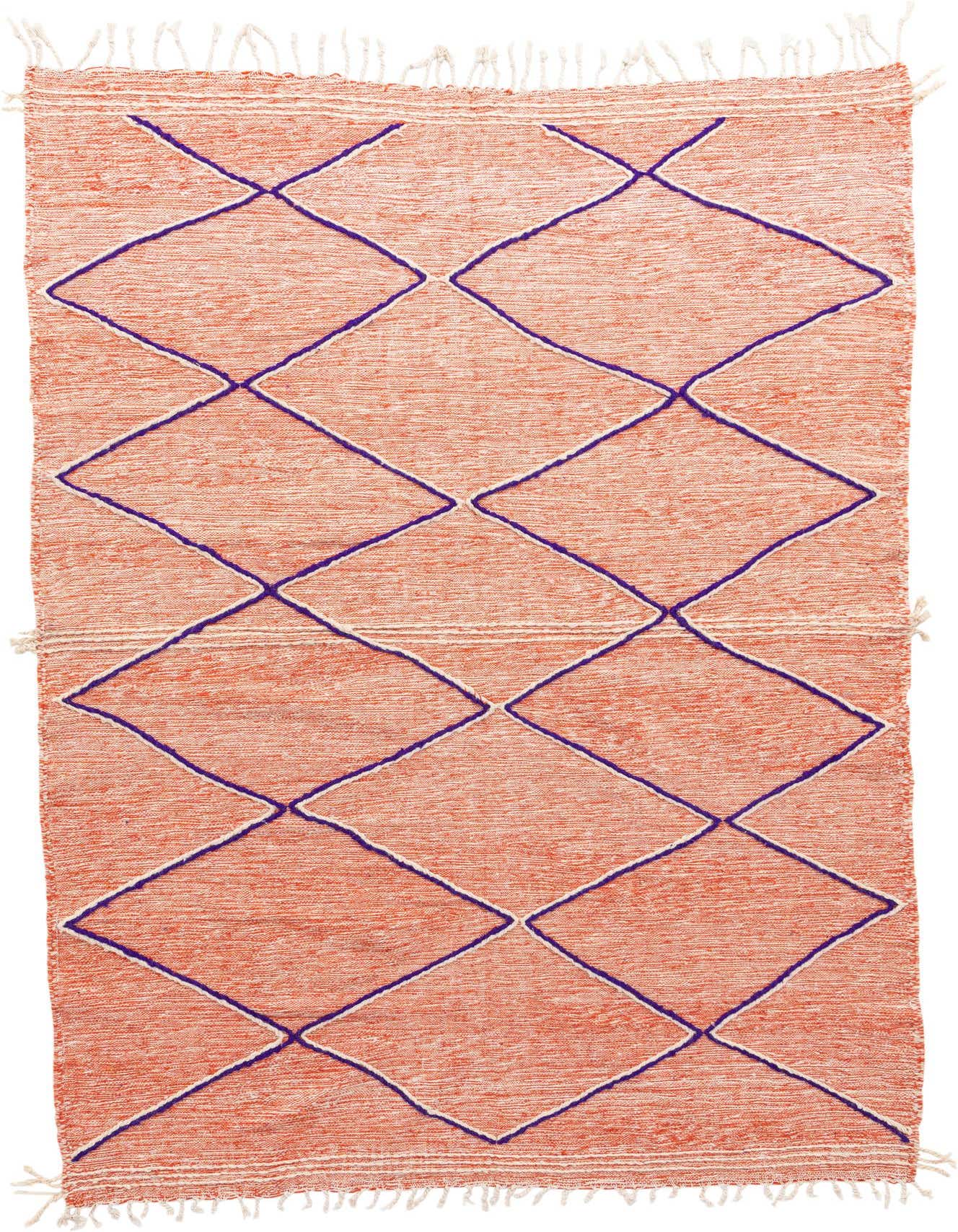 A 7x10 rectangular orange wool shag rug with a modern tribal diamond pattern in dark purple and white, featuring fringe.