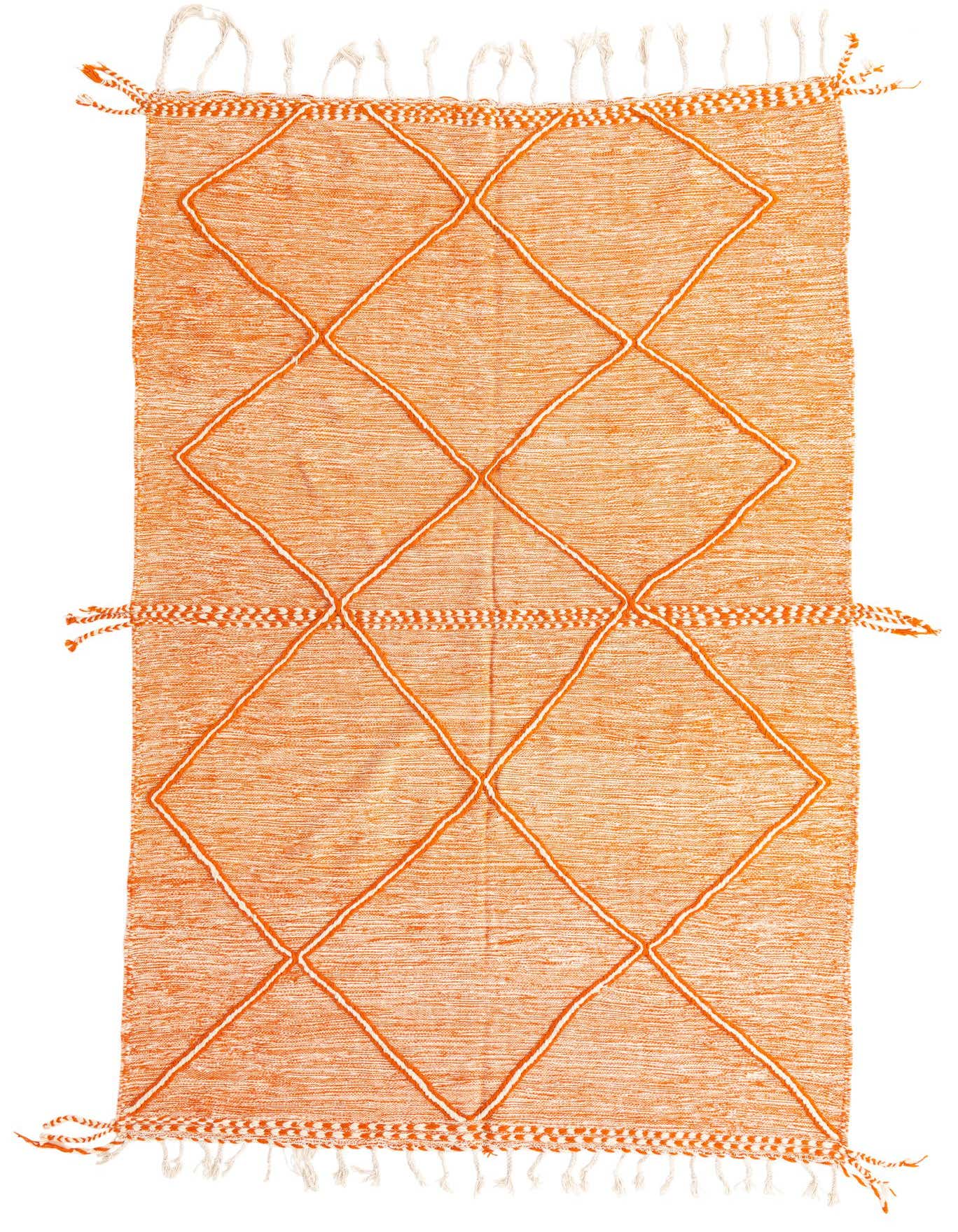 A 6x9 rectangular orange Moroccan shag rug with a white tribal diamond pattern and fringe tassels.
