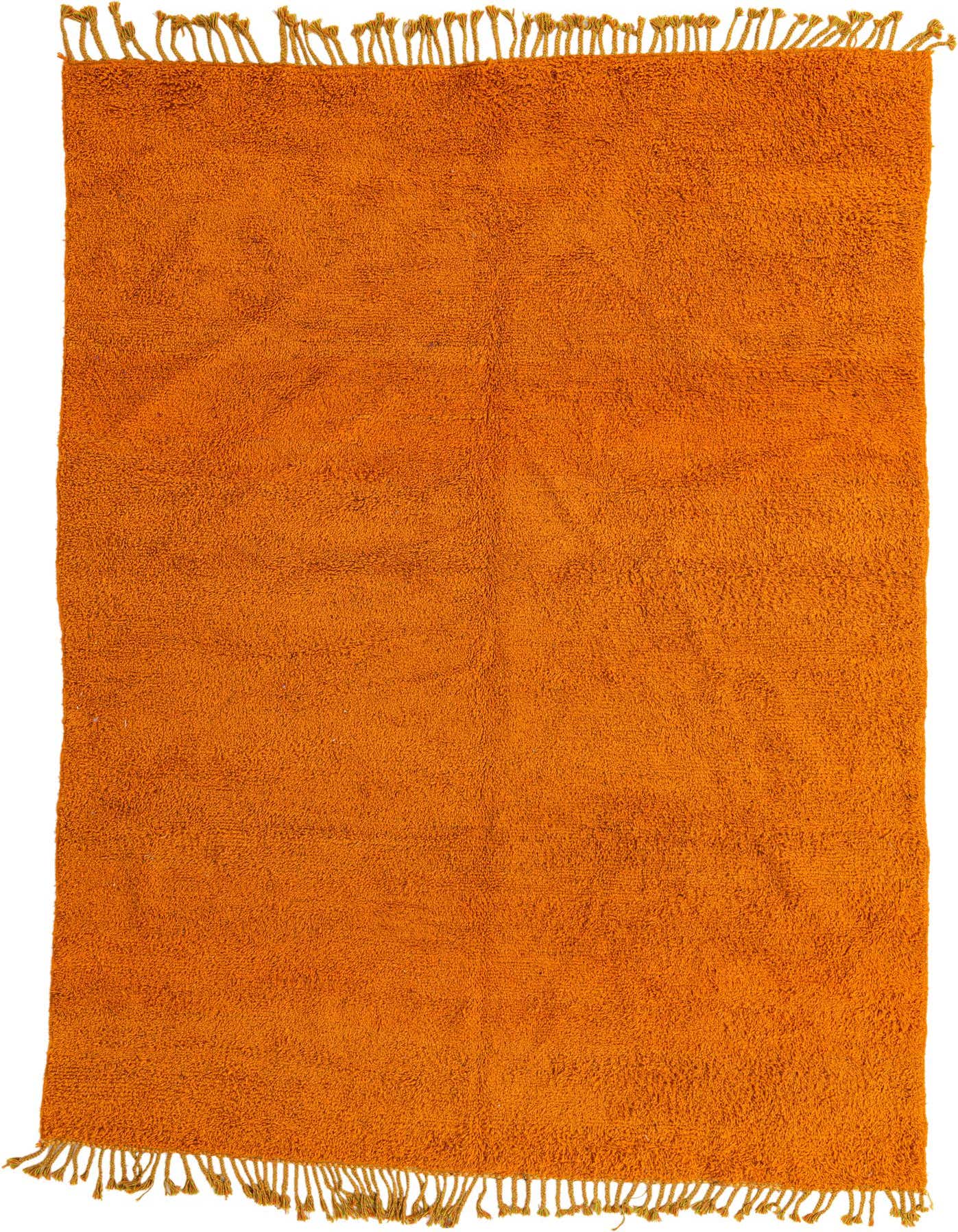 A 6x9 rectangular orange shag rug with short fringes, handmade from wool, suitable for a living room.