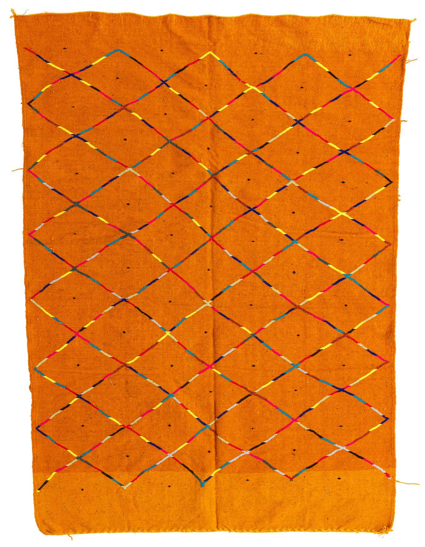 A 5x8 rectangular orange shag rug with a colorful tribal diamond pattern, ideal for a living room.