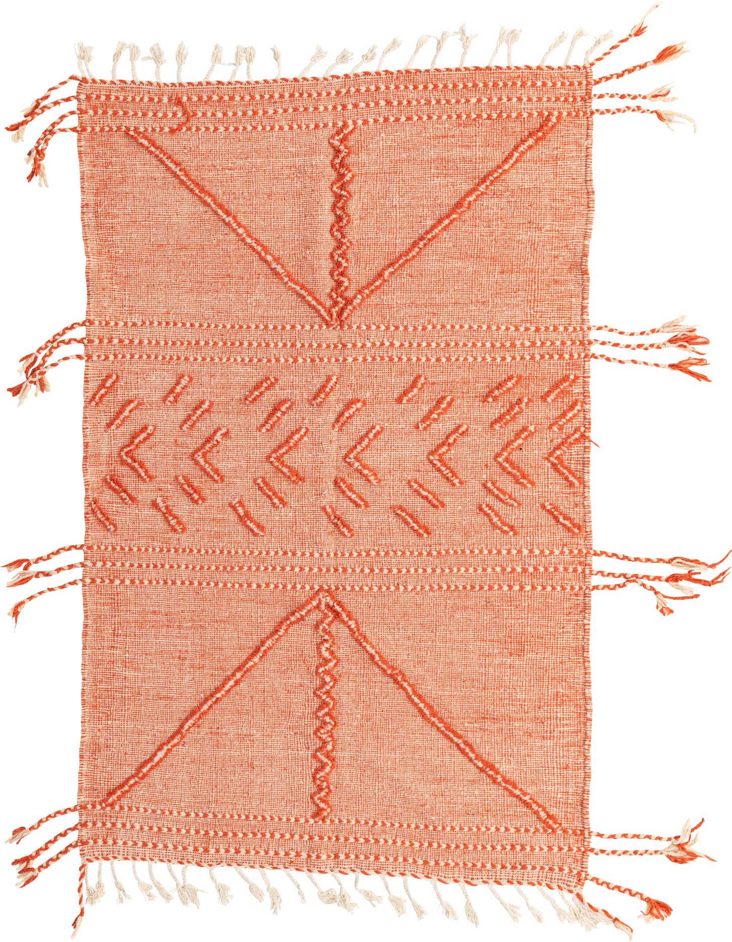 A 5x8 rectangular orange wool shag rug with tribal patterns and decorative tassels.