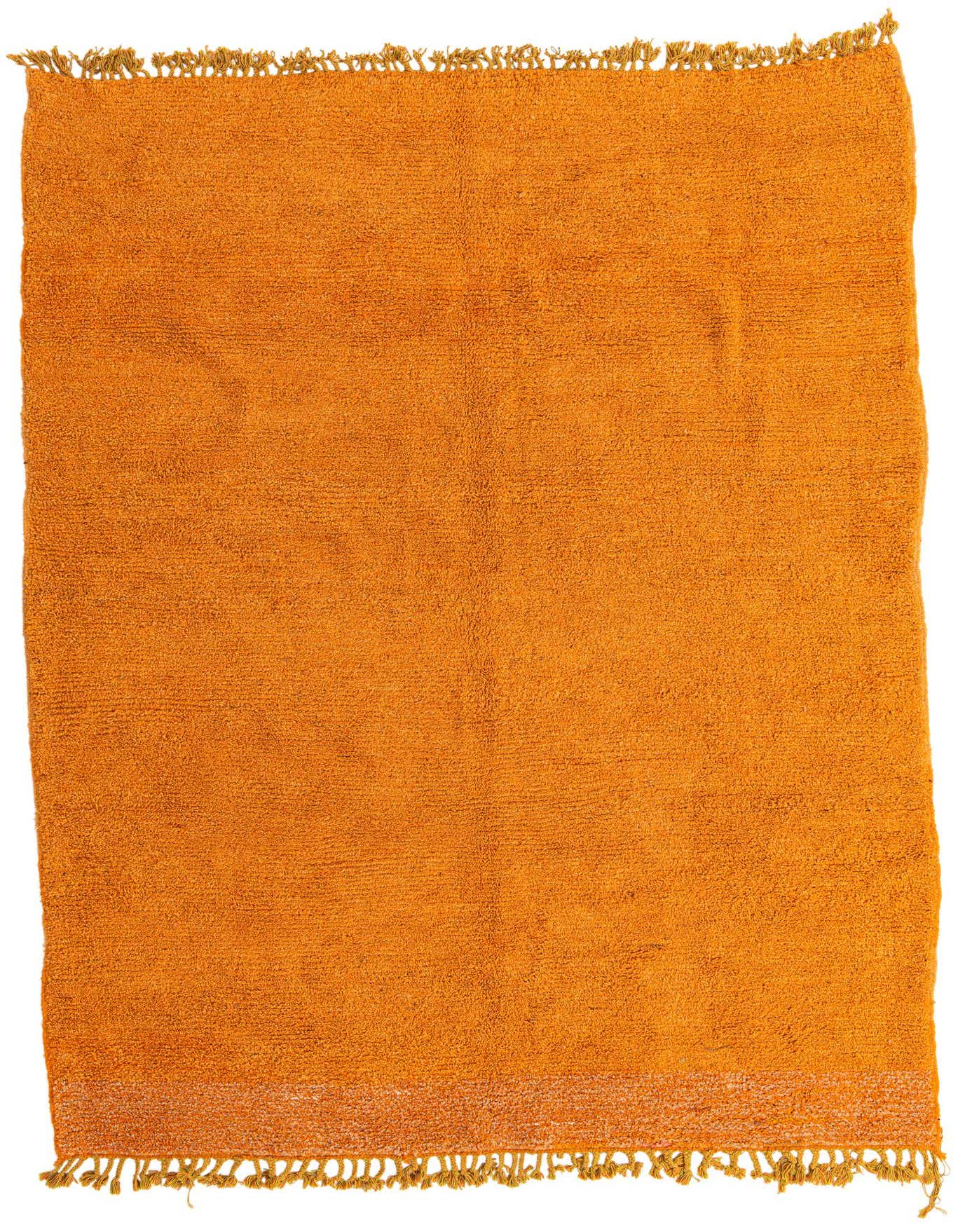 A 7x10 rectangular orange shag rug with a solid color and fringed edges, suitable for a living room.