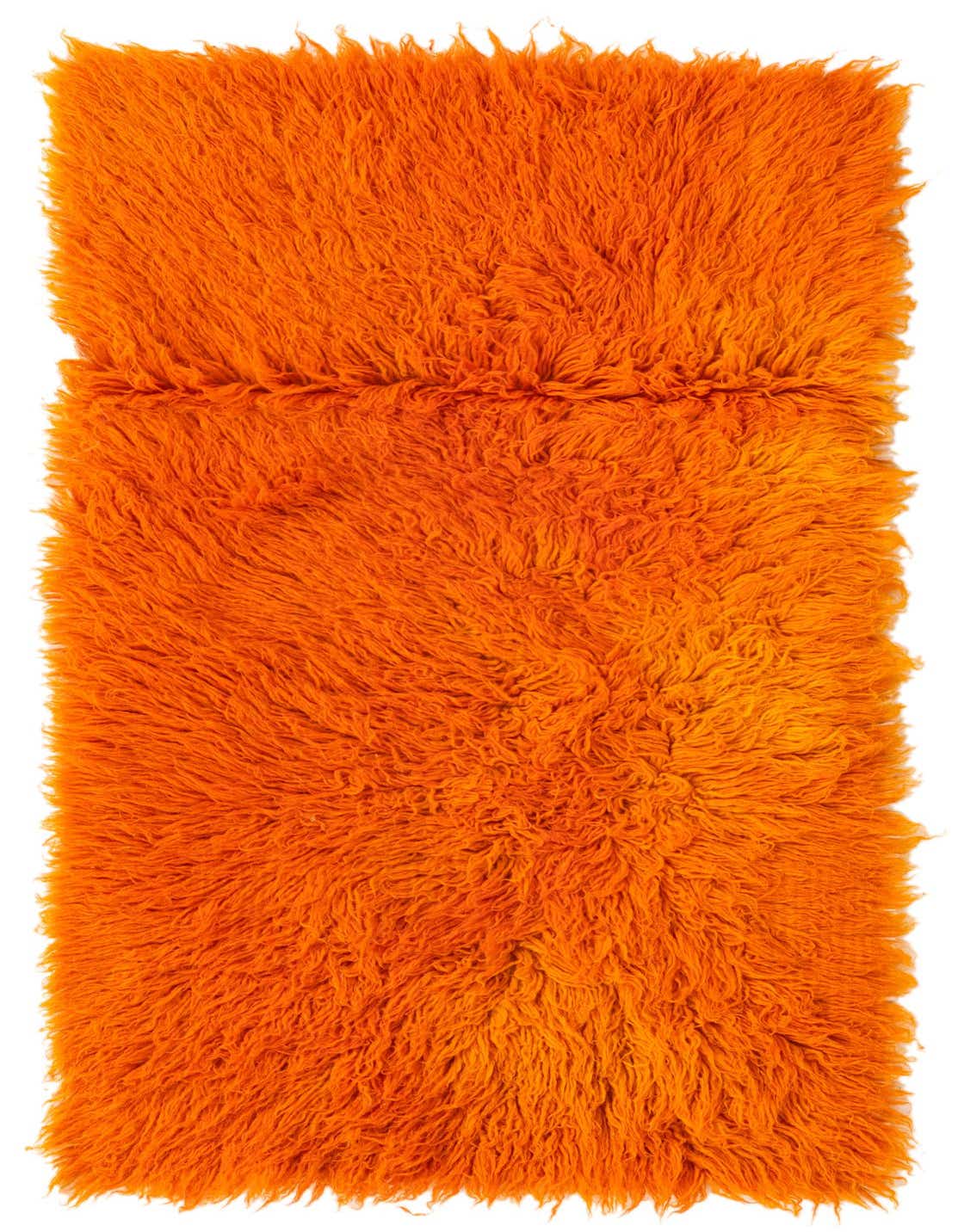 A vibrant 2x3 rectangular orange shag rug, handmade from wool, with a plush, shaggy texture.