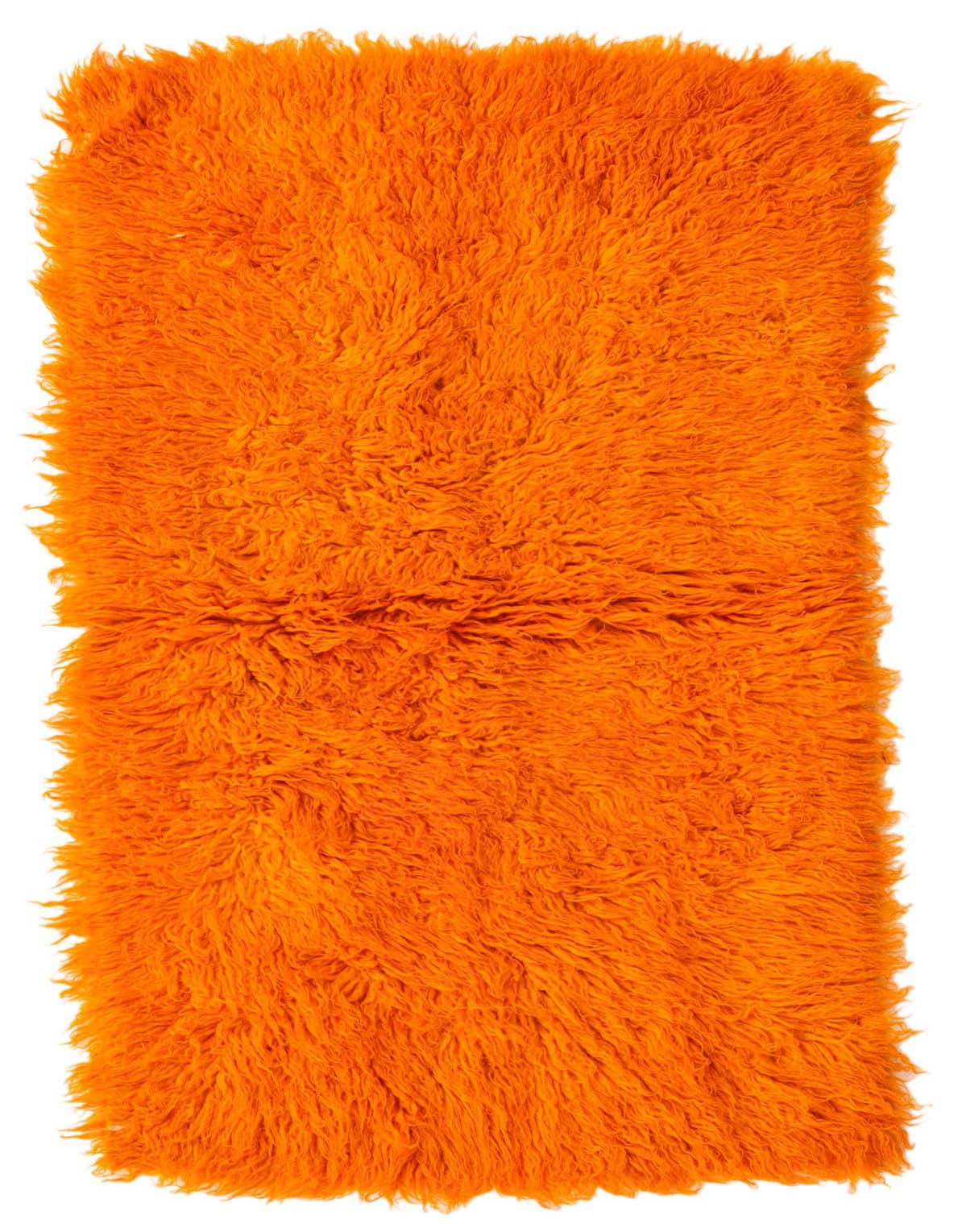 A vibrant orange 3x4 rectangular shag rug made of wool, featuring a plush, textured pile.