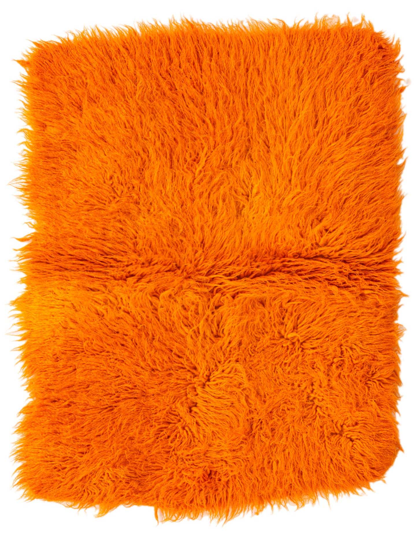 A vibrant orange 2x3 rectangular shag rug, handmade from wool, featuring a plush, high-pile texture.