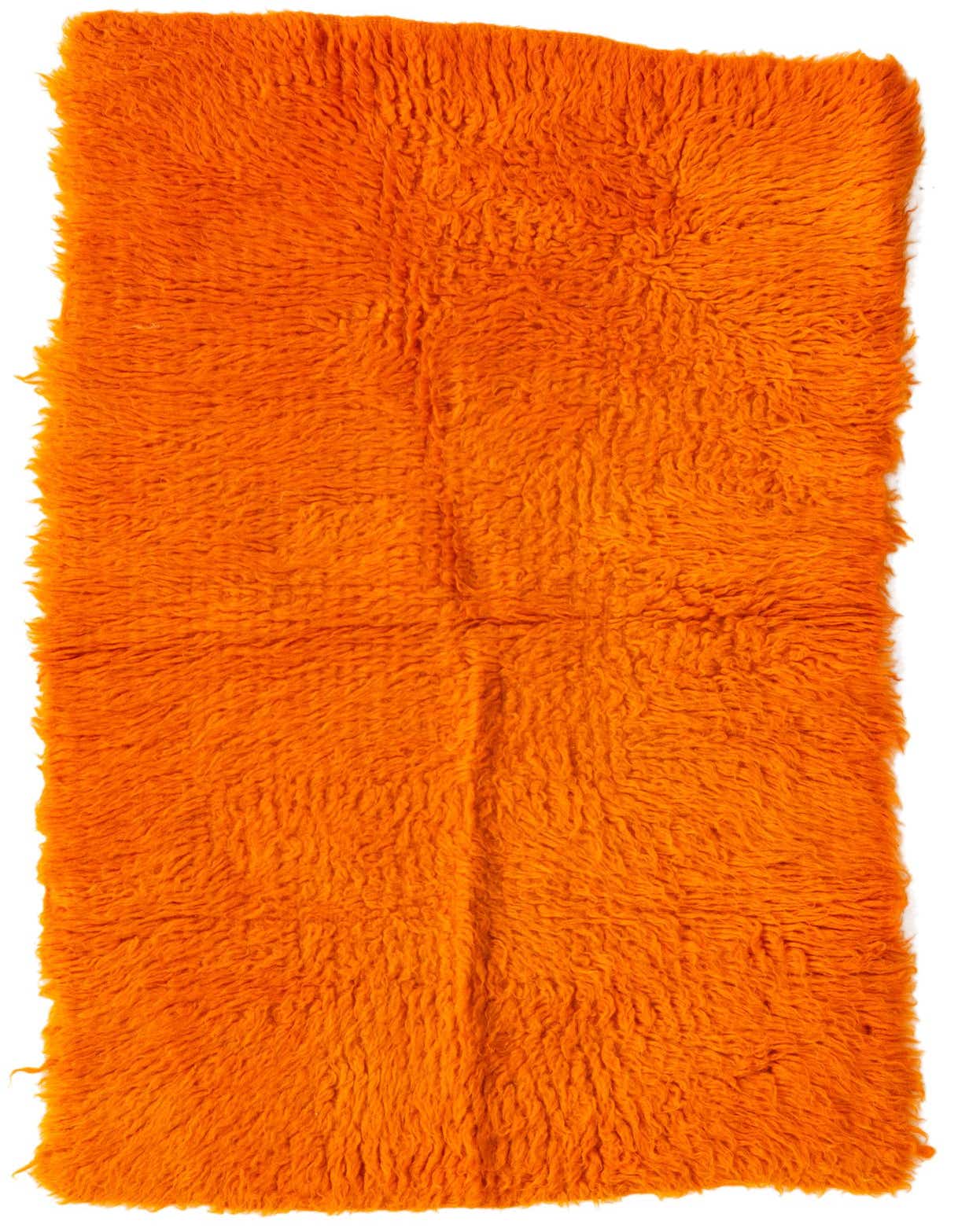 A vibrant 2x3 rectangular orange shag rug, handmade from wool, featuring a plush, high pile texture.