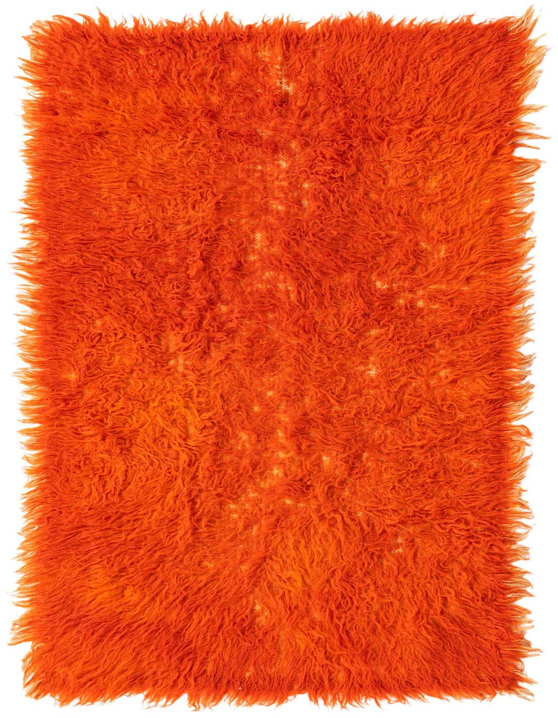 A vibrant 3x5 rectangular orange shag rug, handmade from wool, featuring a plush, high pile texture.