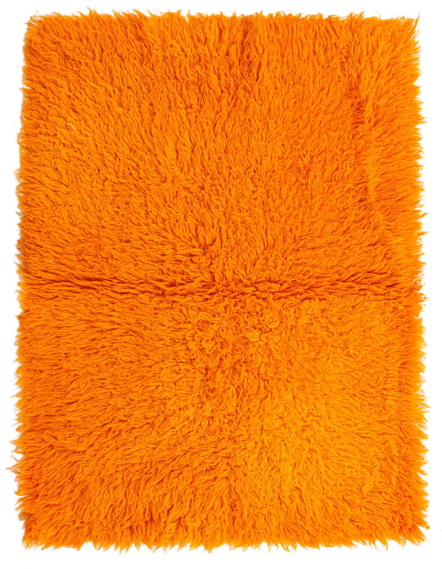 A vibrant 4x6 rectangular orange shag rug, handmade from wool, with a plush, shaggy texture.