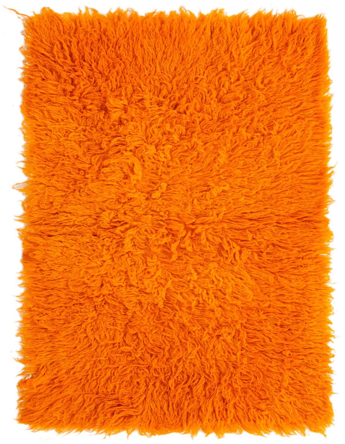 A vibrant 3x5 rectangular orange shag rug, handmade from wool, featuring a plush, high pile texture.