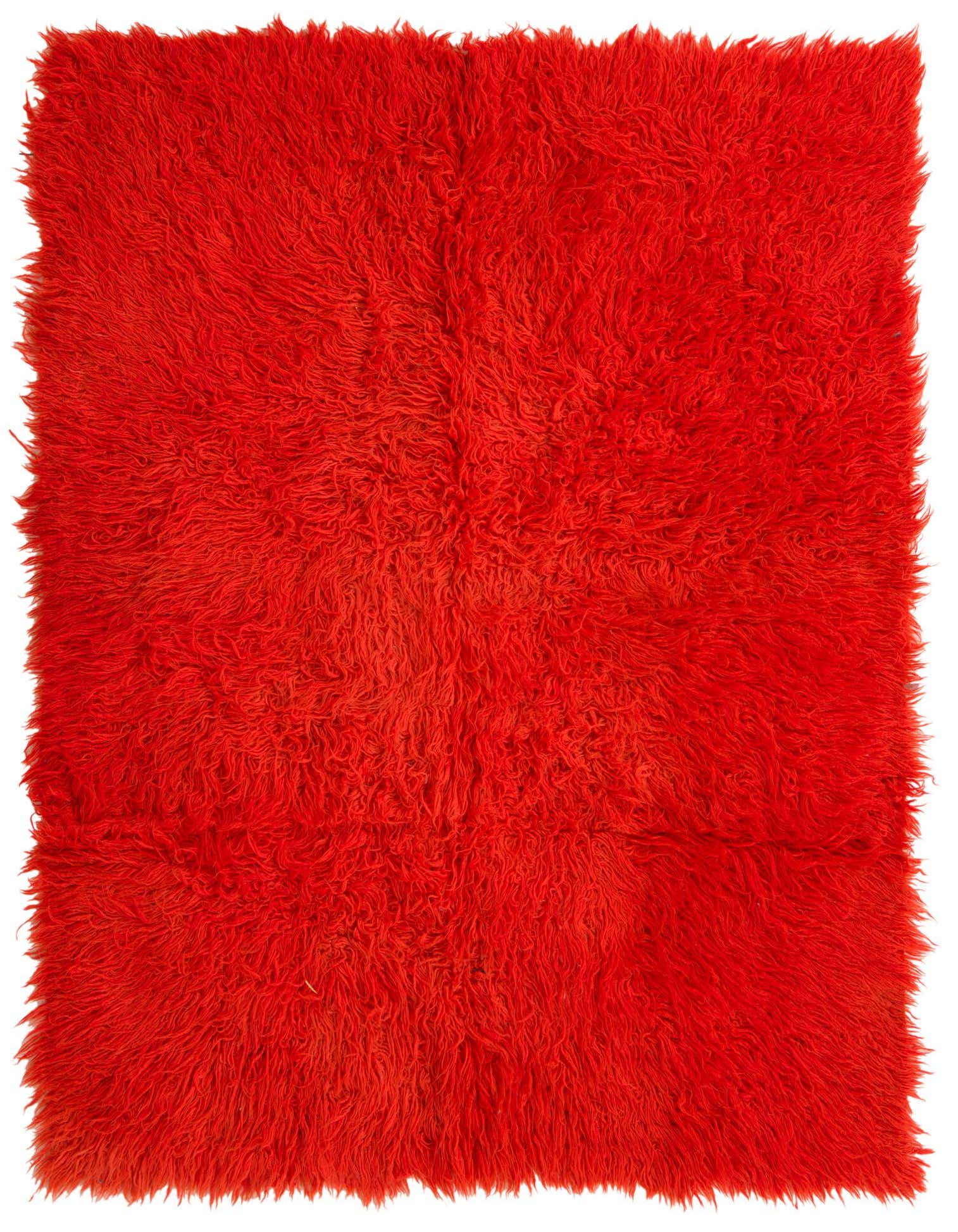 A vibrant 4x6 rectangular orange shag rug, handmade from wool, adds a bold modern touch to any indoor space.