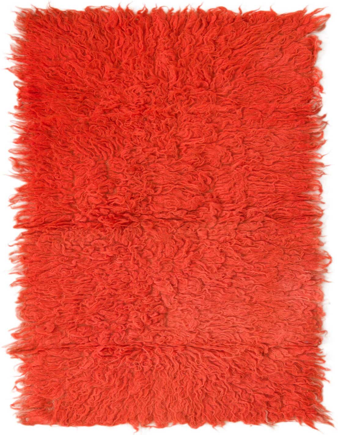 A vibrant 2x3 rectangular orange shag rug, handmade from wool, featuring a plush, textured pile.