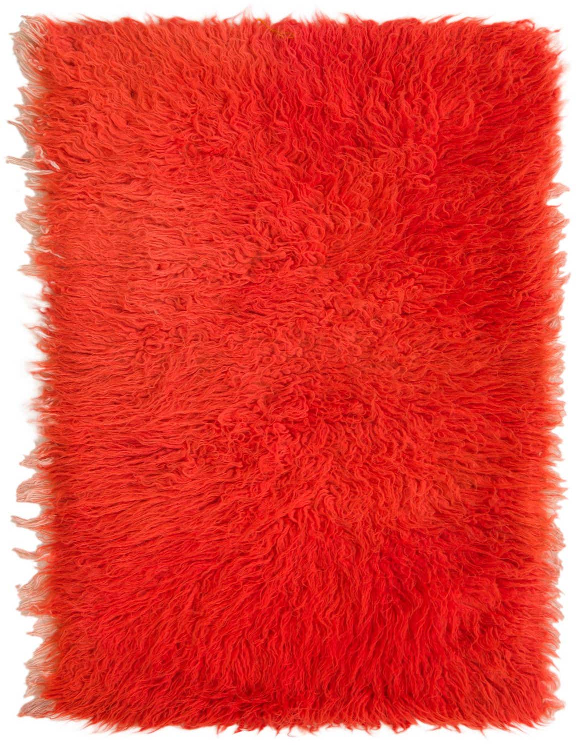 A vibrant 2x3 rectangular orange shag rug, handmade from wool, featuring a plush, high pile texture.