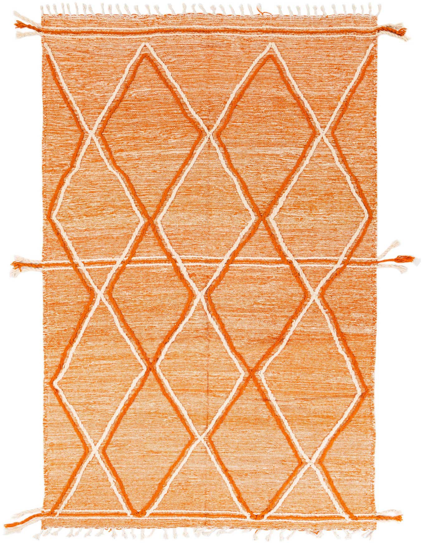 A 6x9 rectangular orange shag rug with a modern tribal diamond pattern in white, featuring tassels.