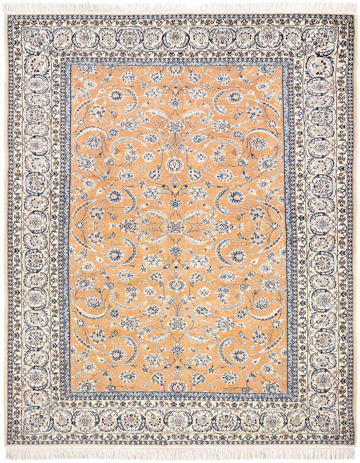 A 5x8 rectangular Persian rug with a vibrant orange field and intricate blue and ivory floral patterns, featuring a detailed border.