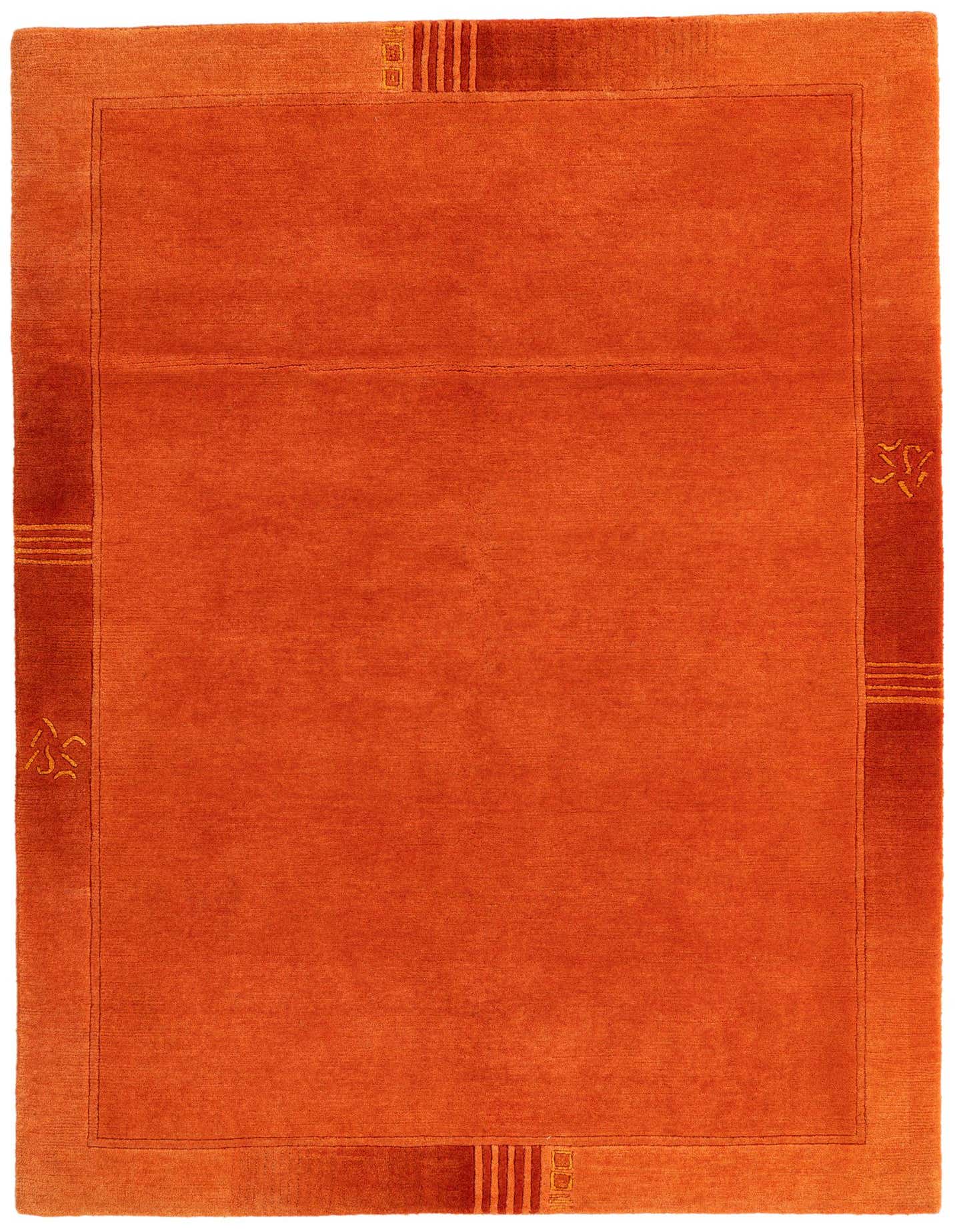 A 4x6 rectangular orange modern rug with a subtle border and abstract patterns, made from wool and silk.