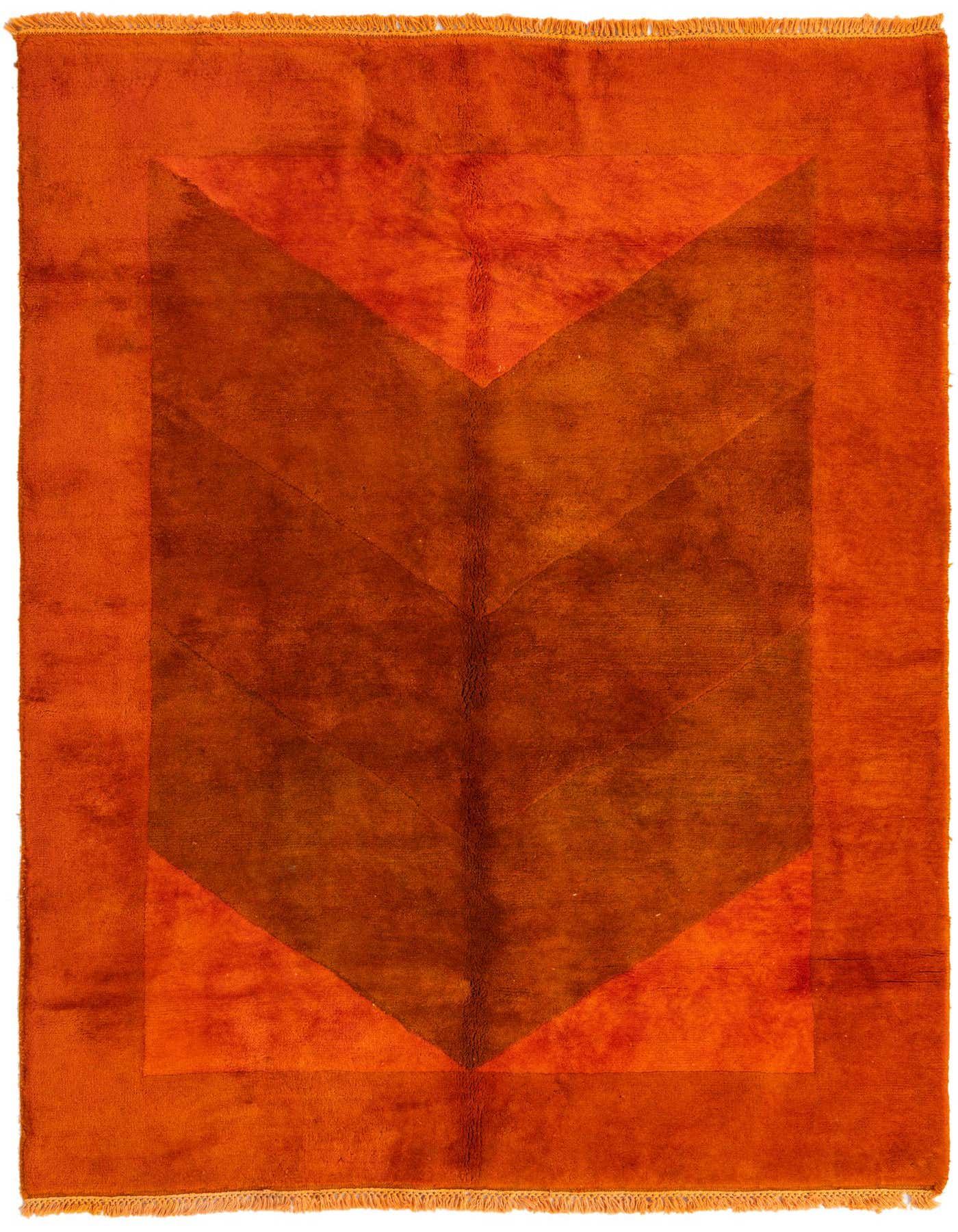 A 4x6 rectangular orange wool rug with a modern abstract pattern featuring a large, dark orange chevron shape in the center.
