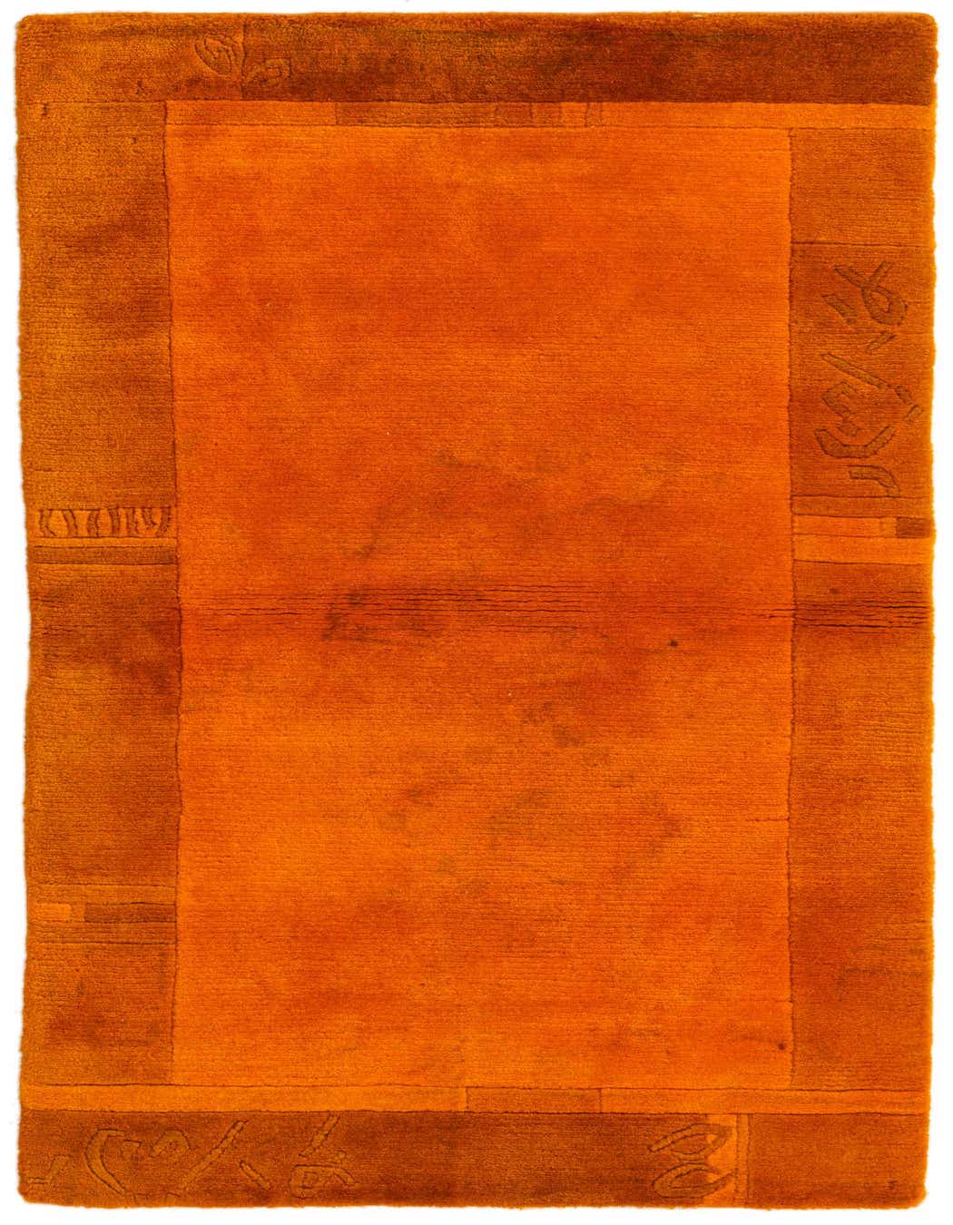 A 3x5 rectangular orange wool area rug with a modern abstract border in darker orange tones.
