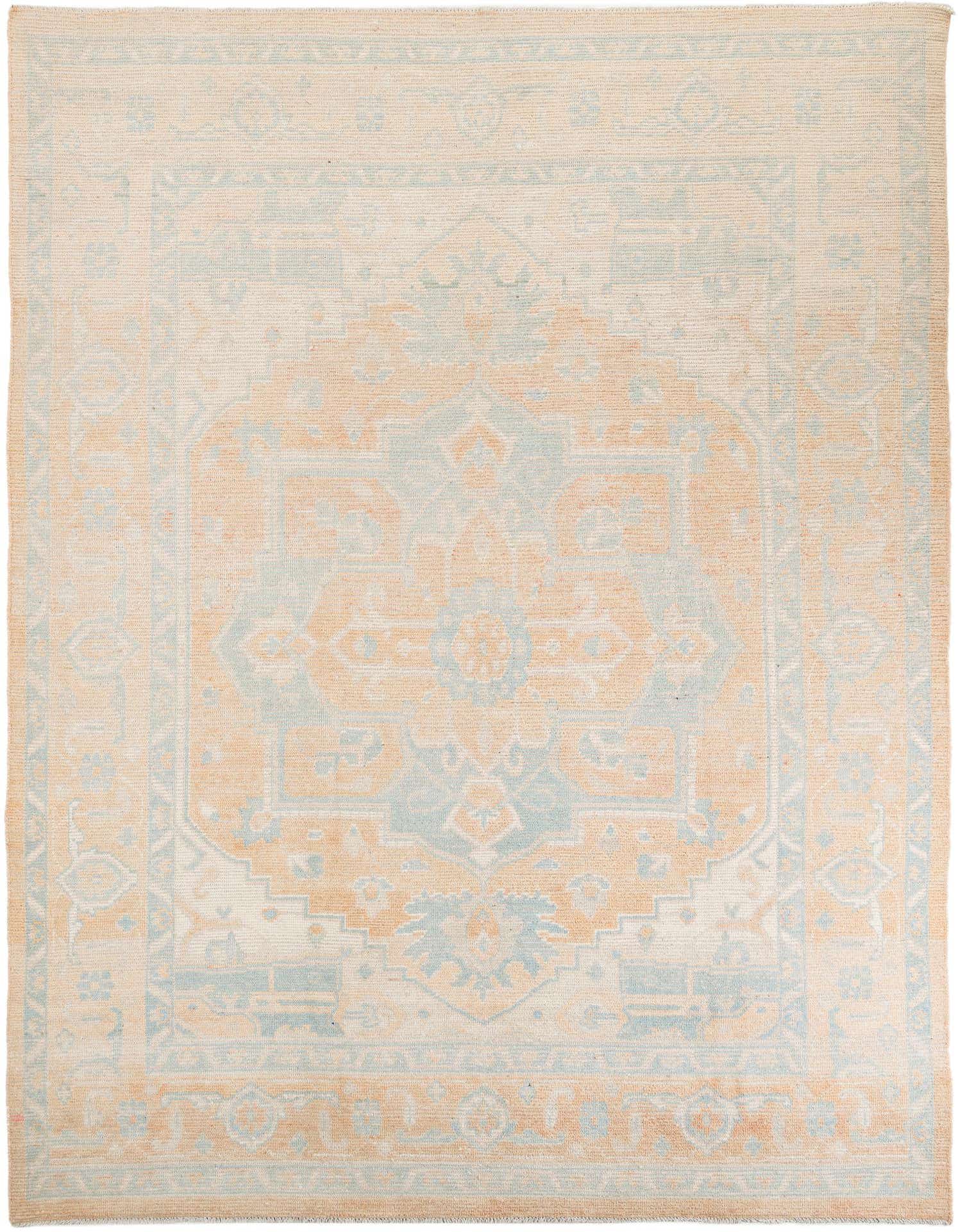 A 9x12 rectangular Oushak rug featuring a faded orange and light blue medallion pattern on a cream background.