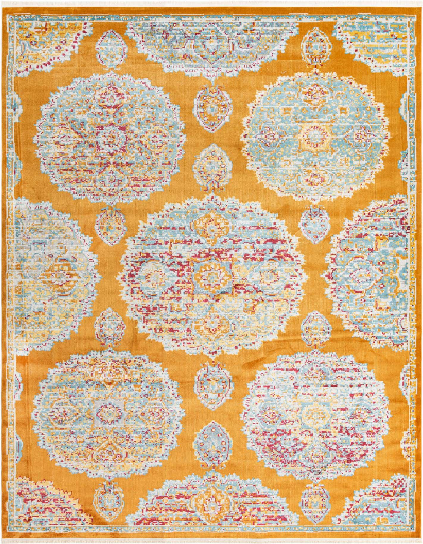 A 9x12 rectangular orange area rug with a modern bohemian floral pattern in light blue, red, and yellow.