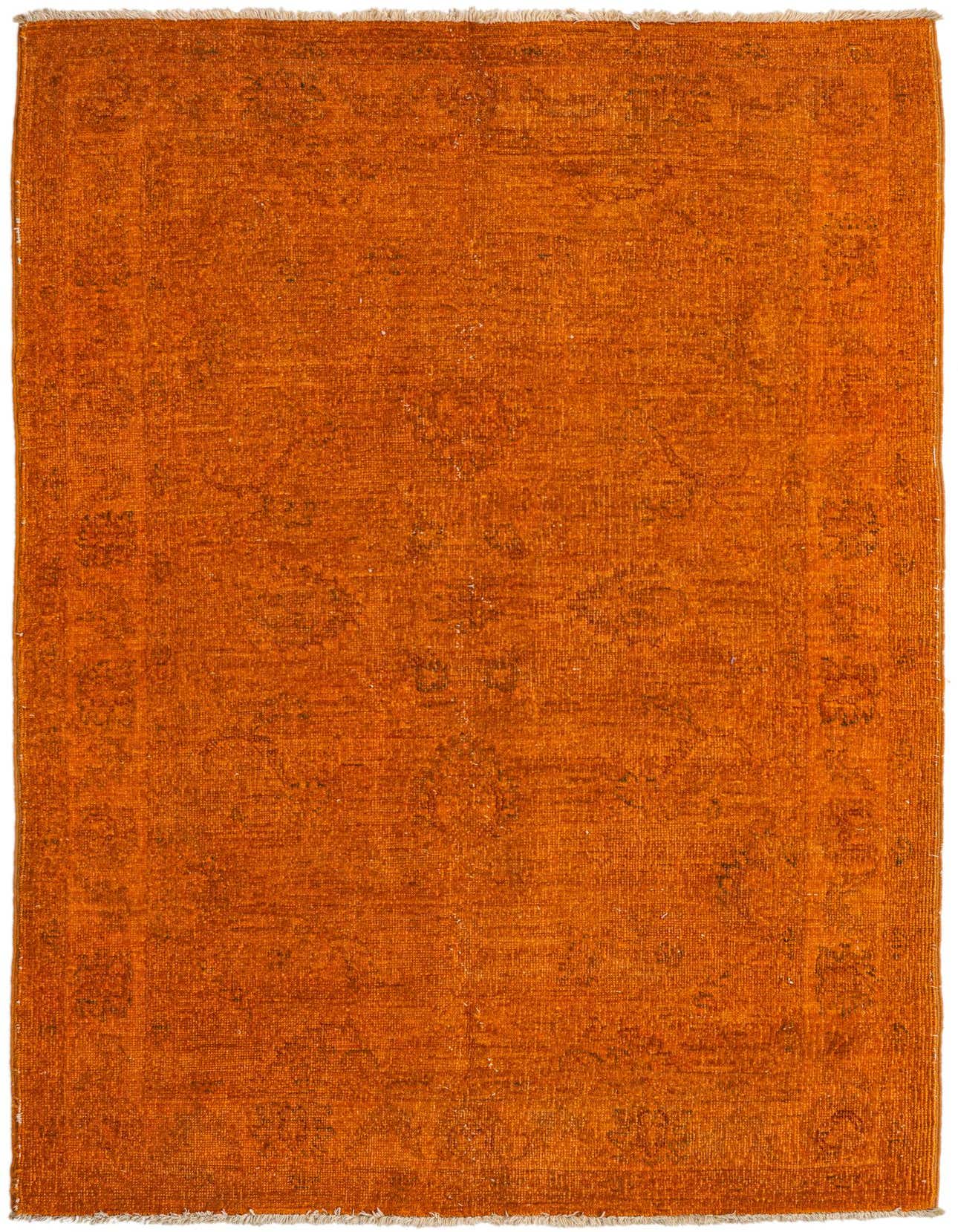 A 3x5 rectangular orange traditional wool rug with subtle oriental patterns and fringed edges, suitable for a kitchen or entryway.