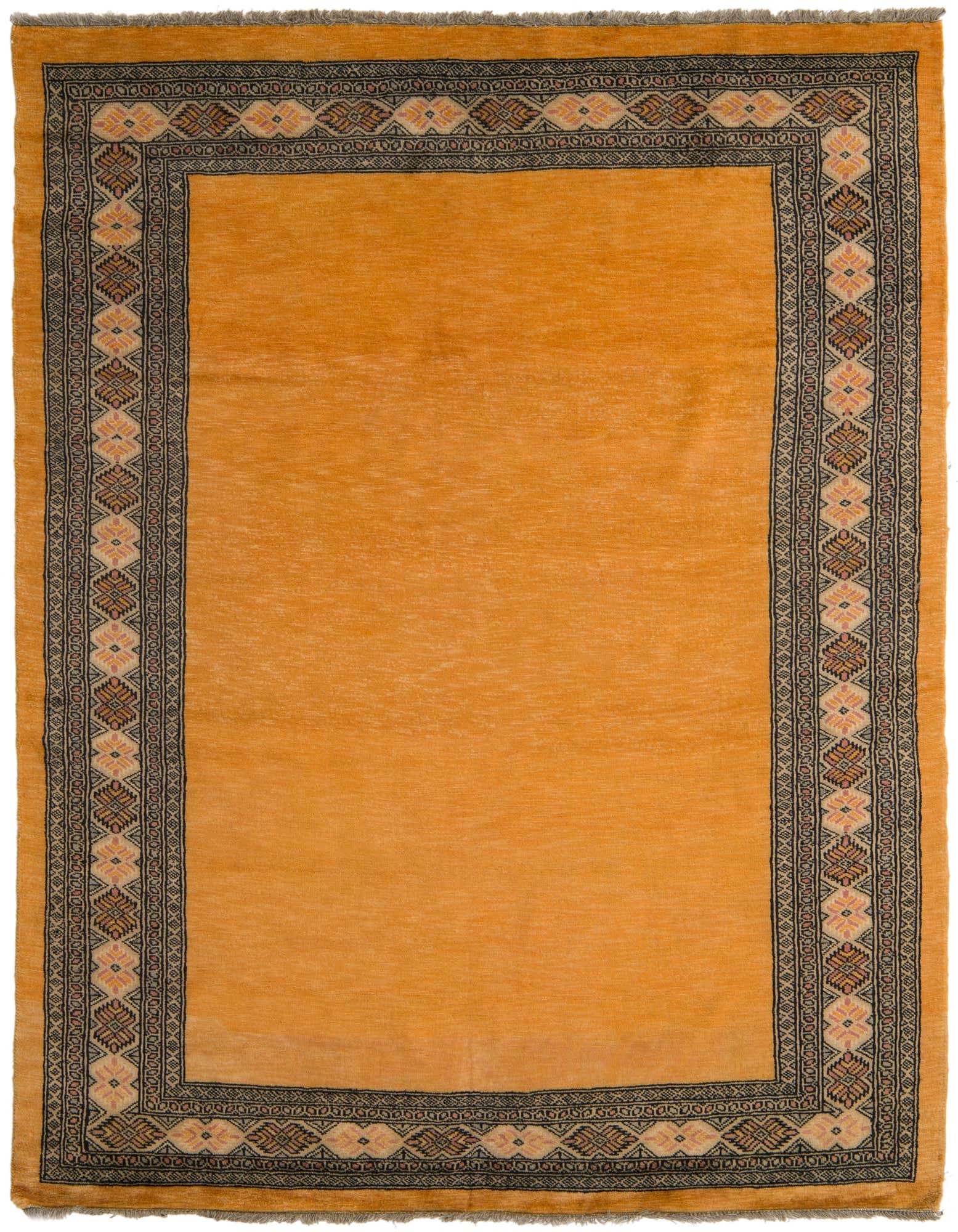 A 5x8 rectangular orange Oriental rug with a detailed black and peach patterned border, showcasing its handmade wool texture.