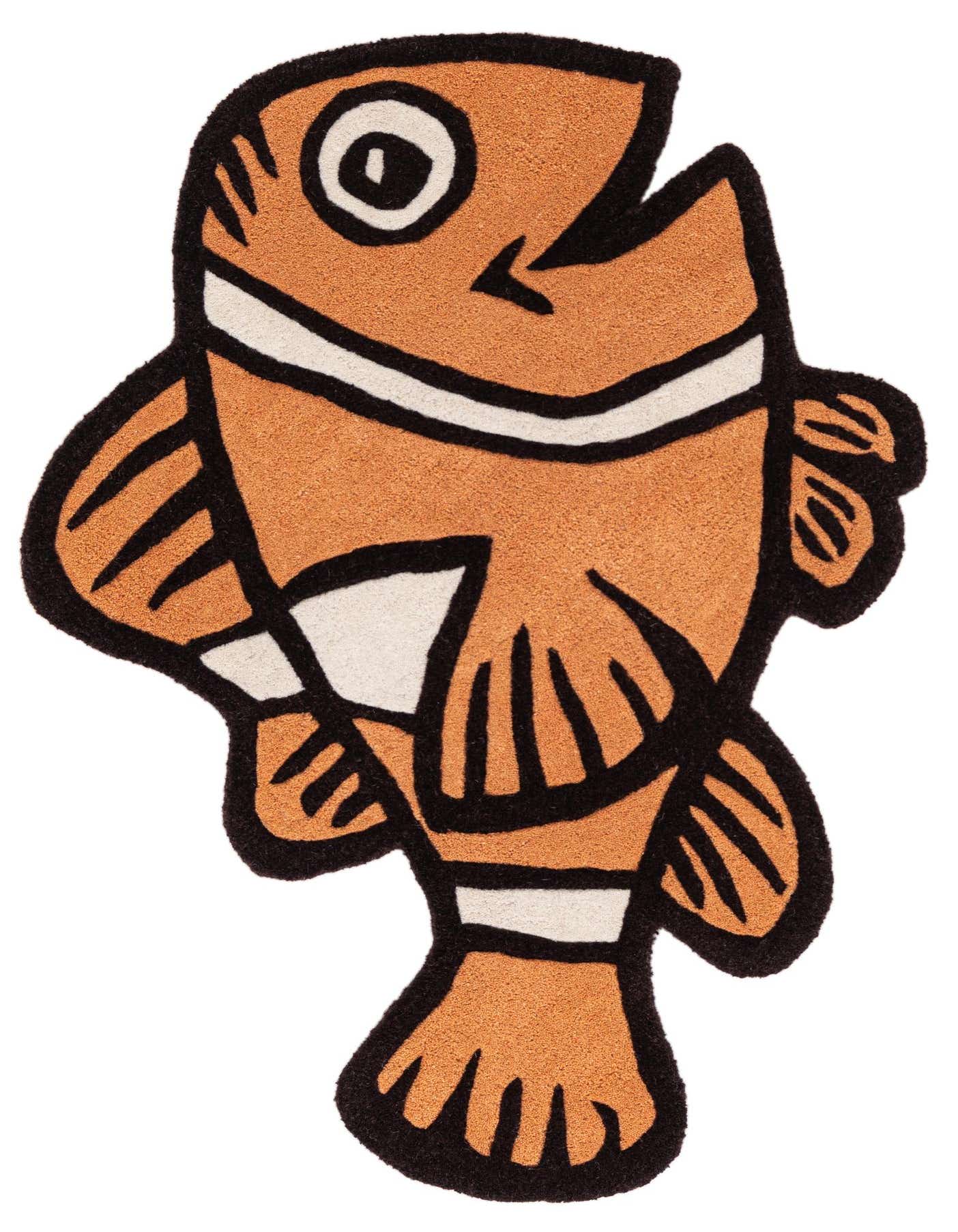 A 2x3 orange and white clownfish-shaped rug with black outlines, perfect for a child's room or playful space.