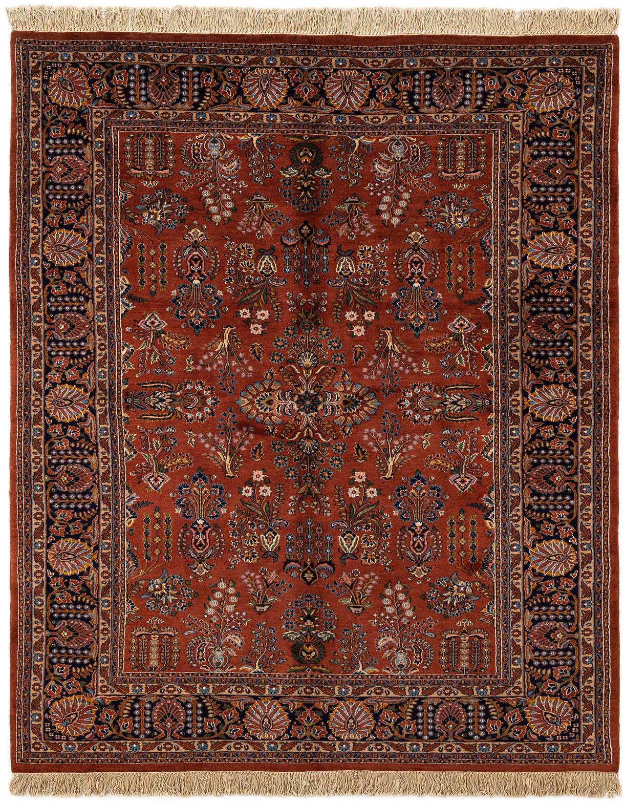 A 5x8 rectangular Sarough rug in rich orange with intricate traditional floral and oriental patterns, featuring a dark blue border.