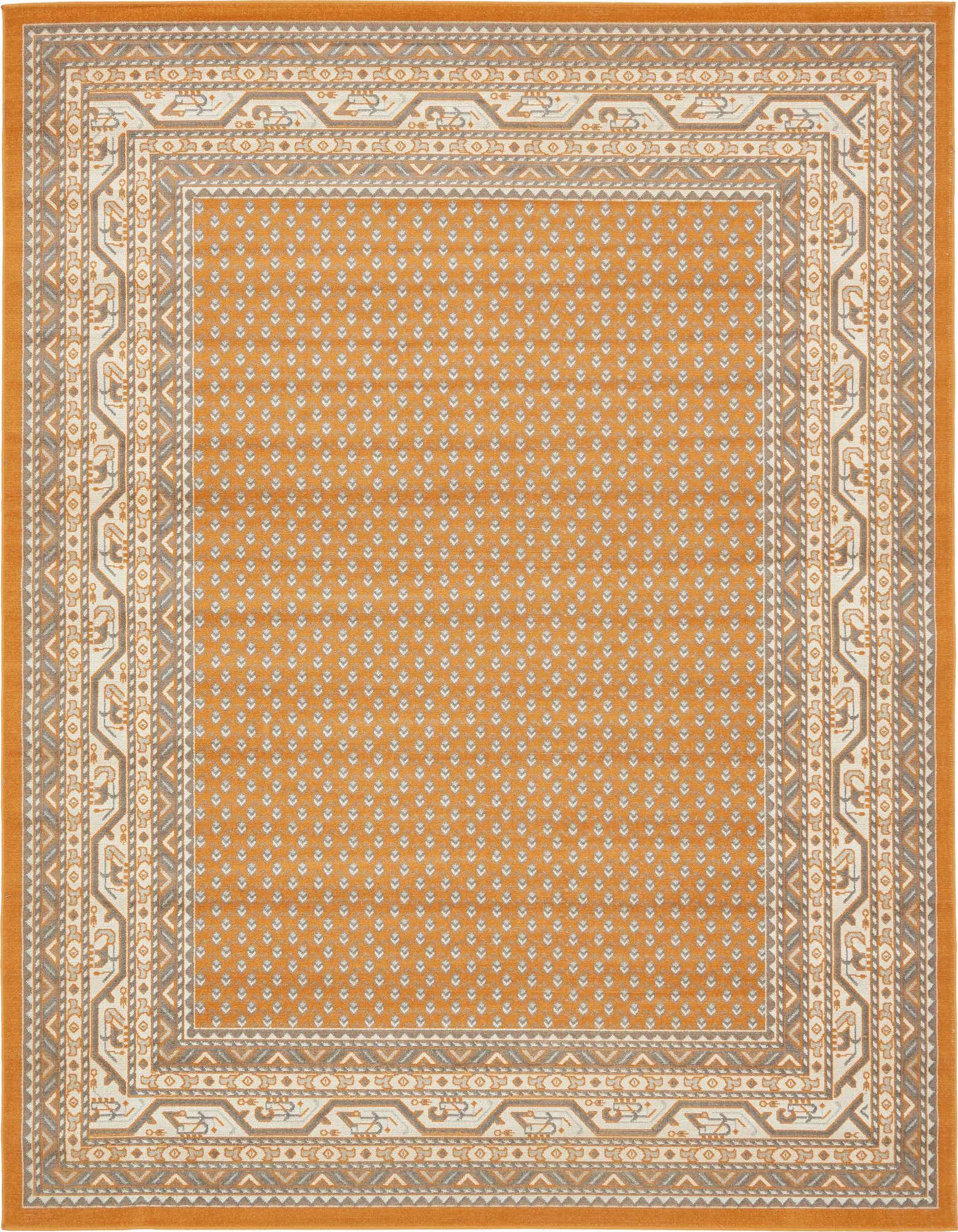 An 8x10 rectangular orange Southwestern area rug with a detailed tribal border in white, grey, and brown.