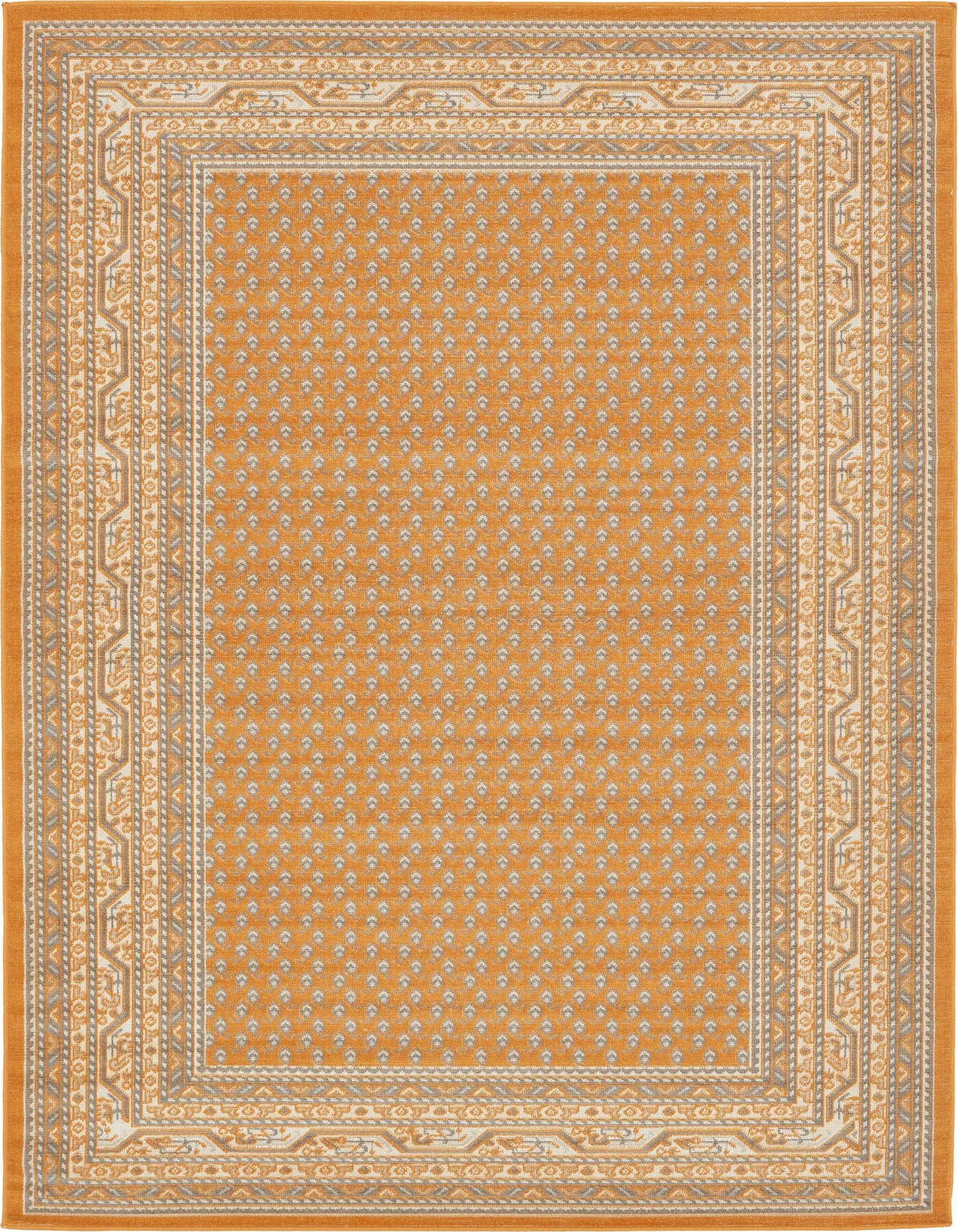 A 9x12 rectangular orange Southwestern rug with a detailed border pattern in cream and grey tones.