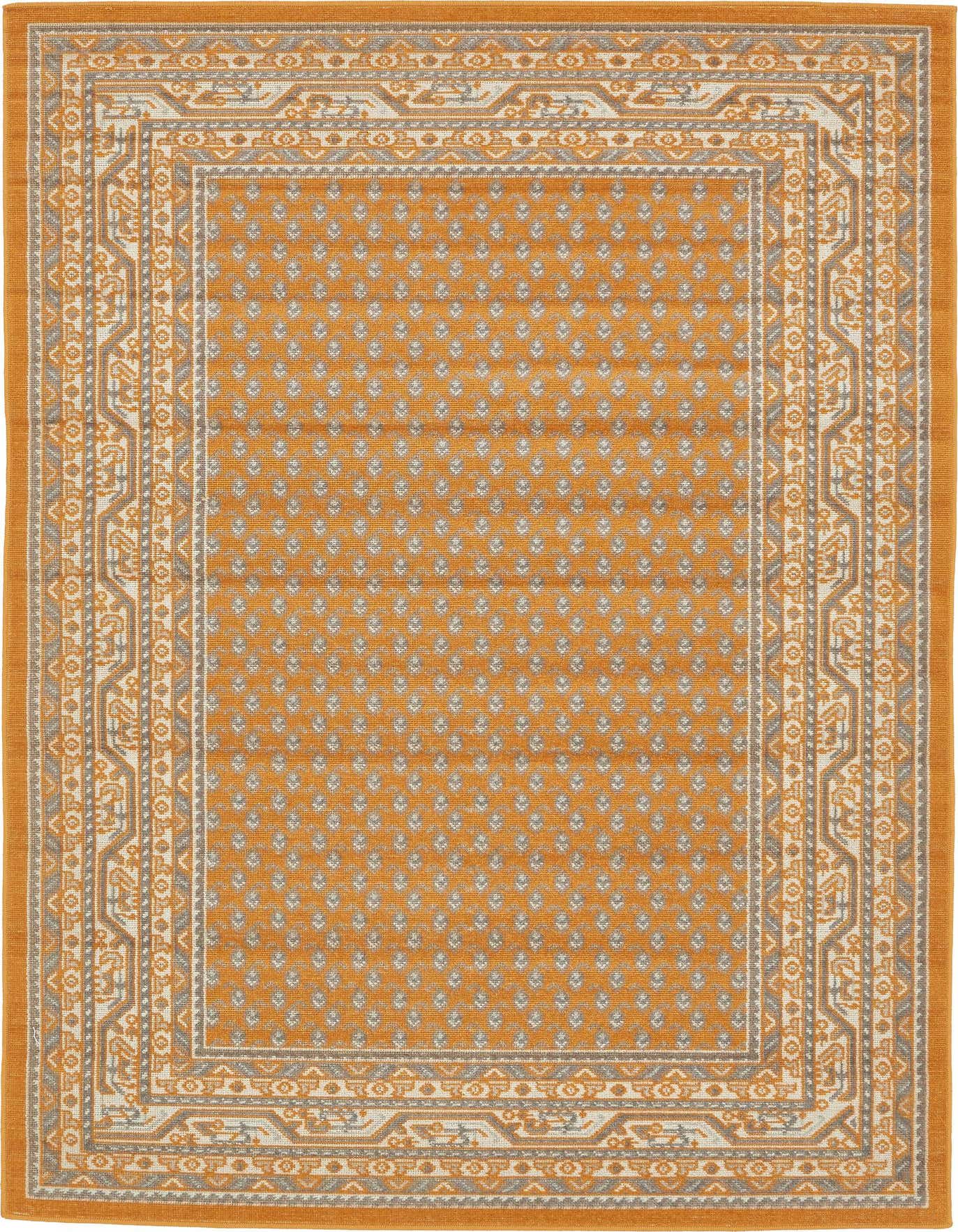 A 4x6 rectangular orange Southwestern rug with a detailed border in gray and cream, featuring a small repeating pattern.
