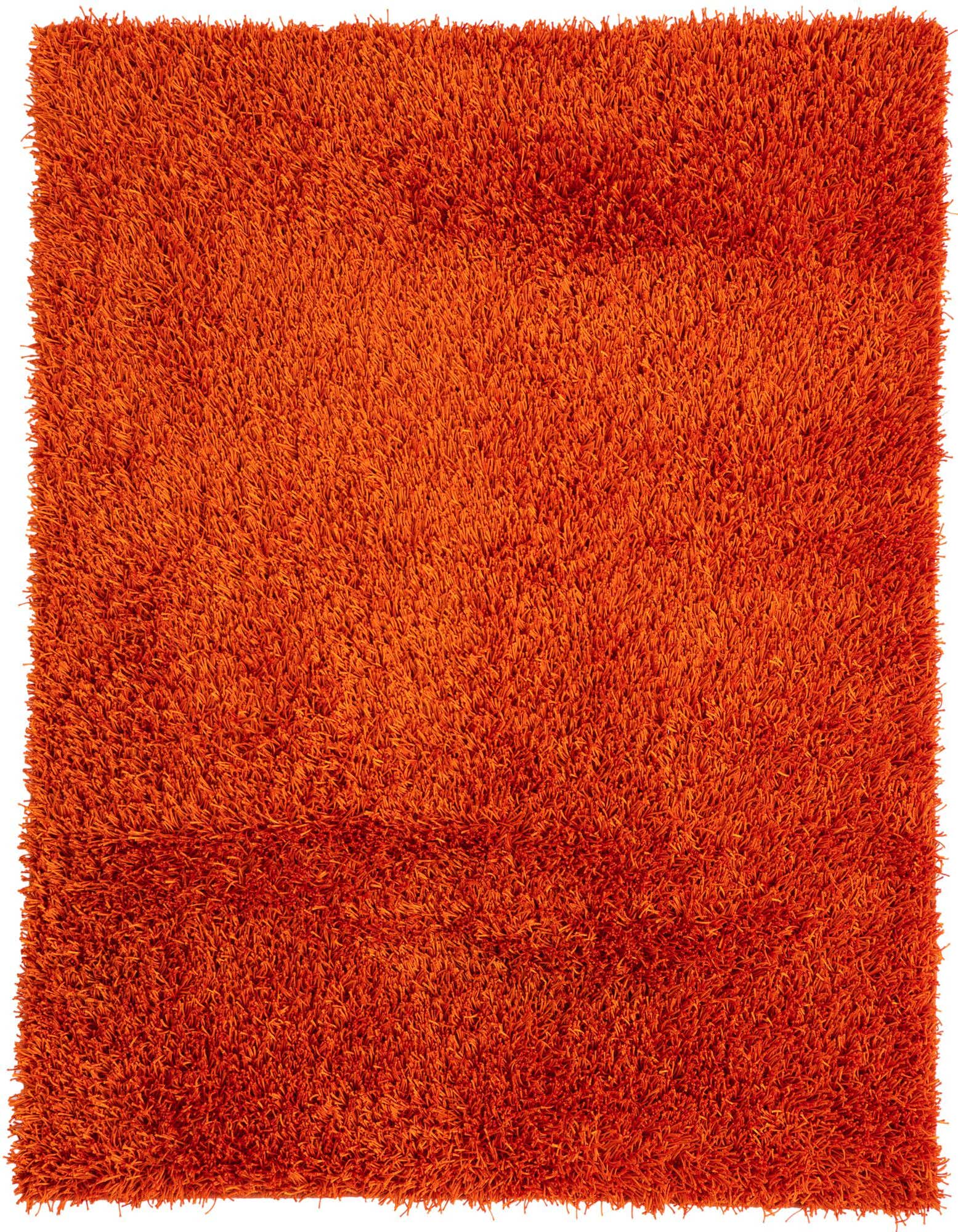 A vibrant 5x8 rectangular orange shag rug with a plush, textured pile, suitable for a living room.