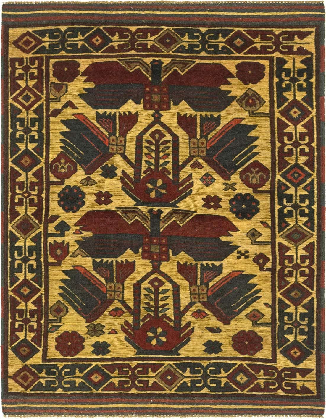 A 3x5 rectangular Sumak rug with a traditional medallion pattern in shades of orange, red, and dark blue on a golden-yellow background.