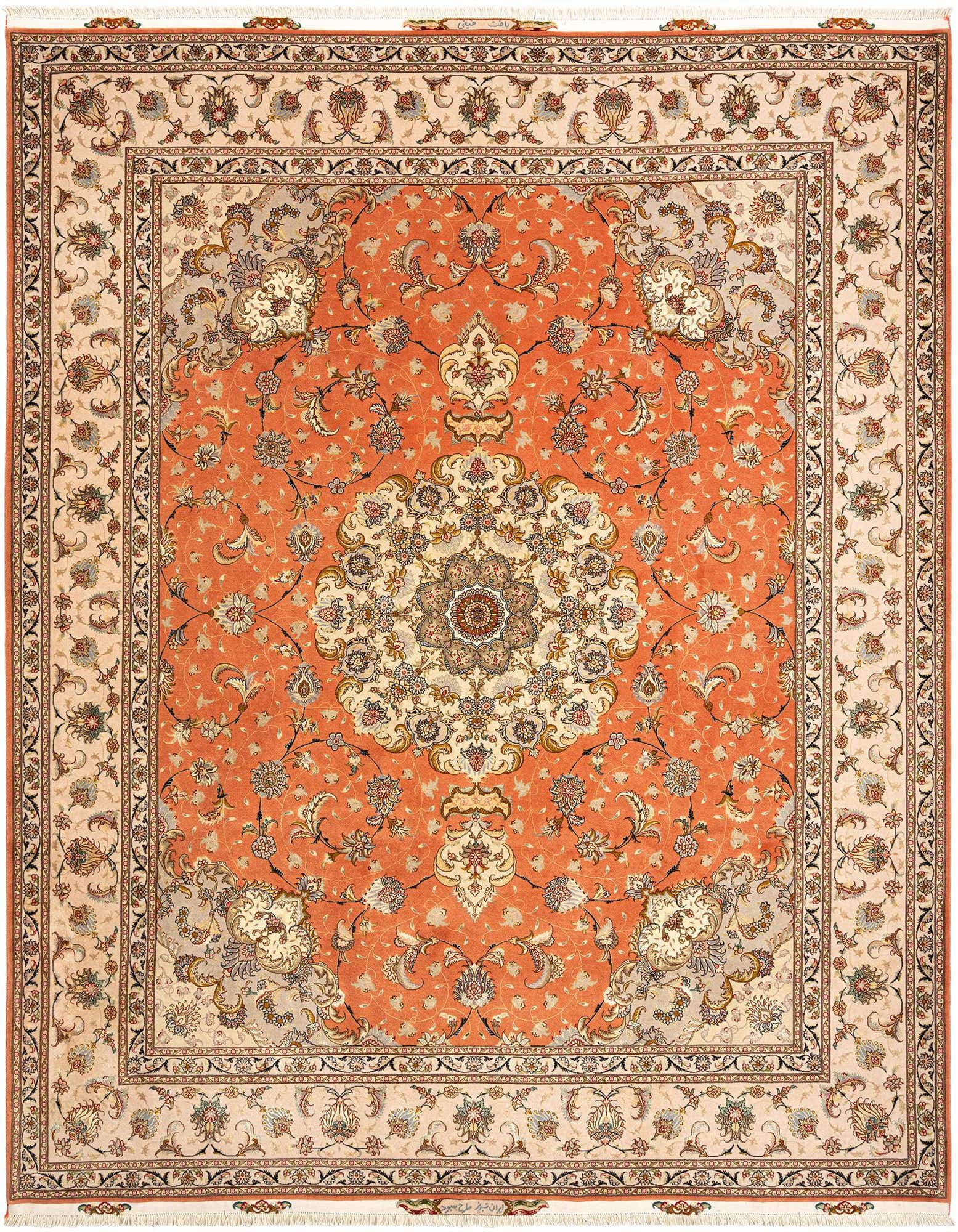 An 8x10 rectangular Persian rug featuring a central medallion and intricate floral patterns in shades of orange, cream, and blue.