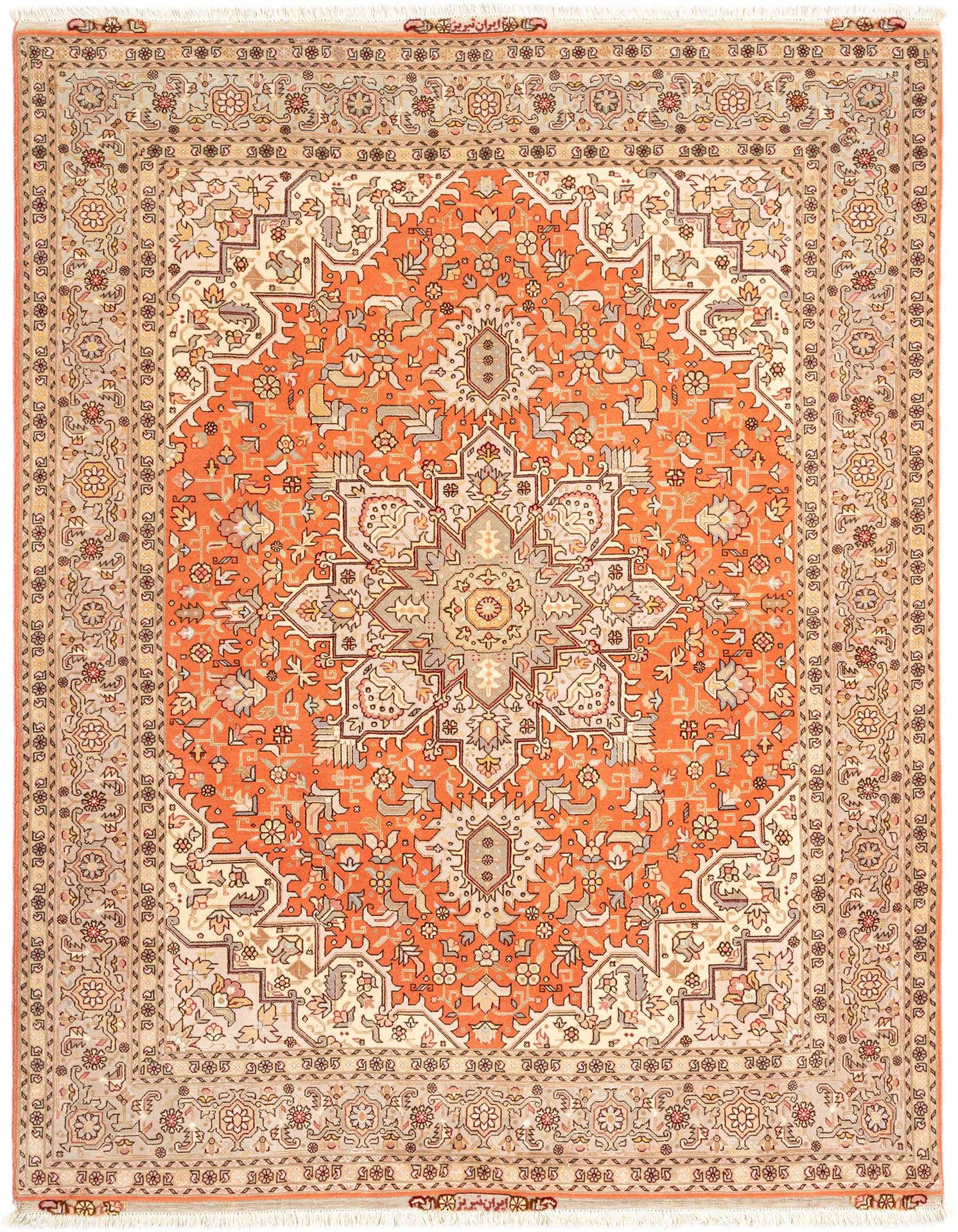 A 4x6 rectangular Persian rug with a vibrant orange medallion center and intricate floral patterns in cream and gray.