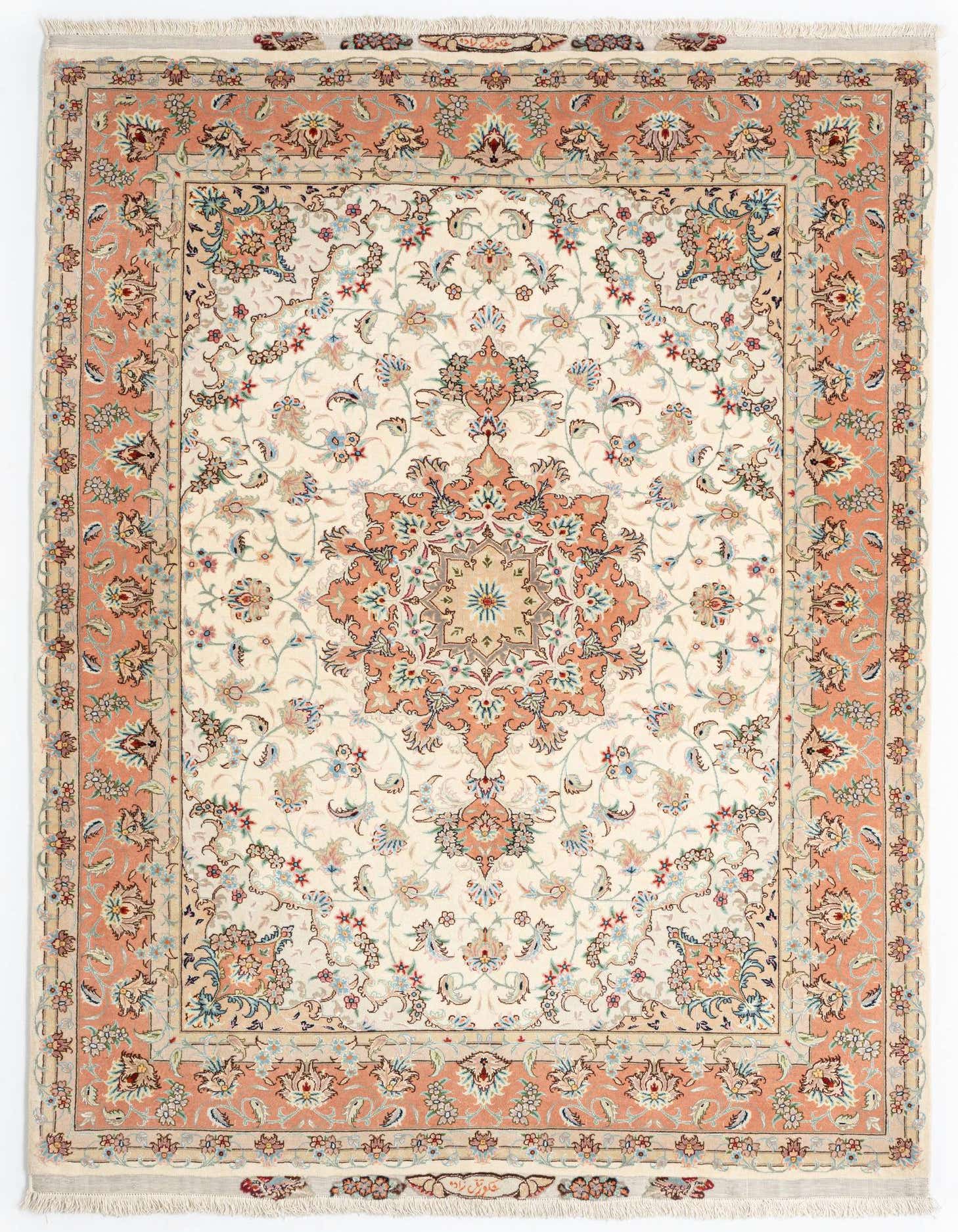 A 5x8 rectangular Persian rug with a cream field, central medallion, and an orange floral border.