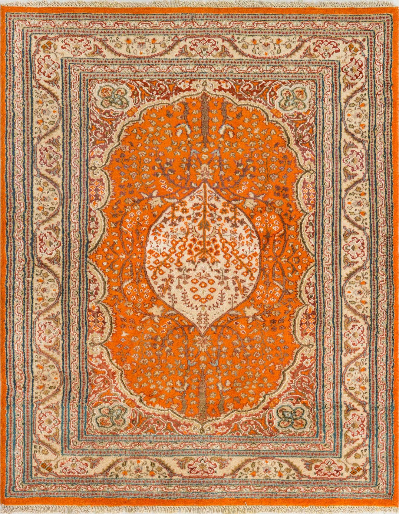 A 4x6 rectangular orange and cream Tabriz rug with a traditional medallion and tree of life pattern, featuring intricate floral details.