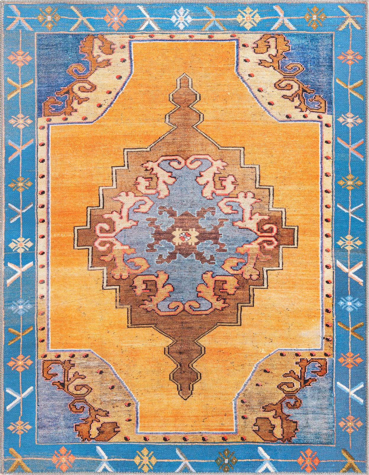 A 3x5 rectangular orange vintage Oriental rug with a central medallion and blue border, featuring intricate patterns.