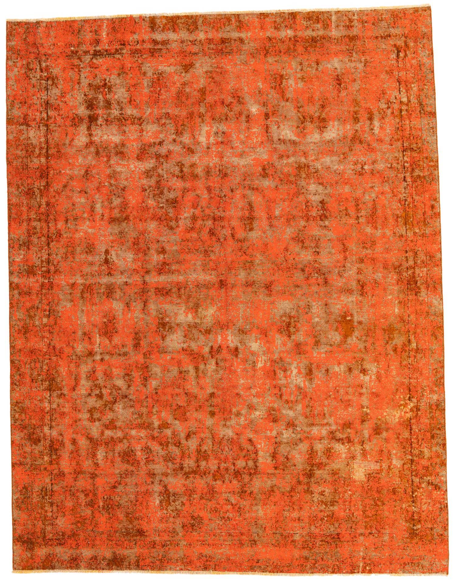 A rectangular 8x11 orange and brown distressed Persian-style wool rug with an abstract, vintage pattern.